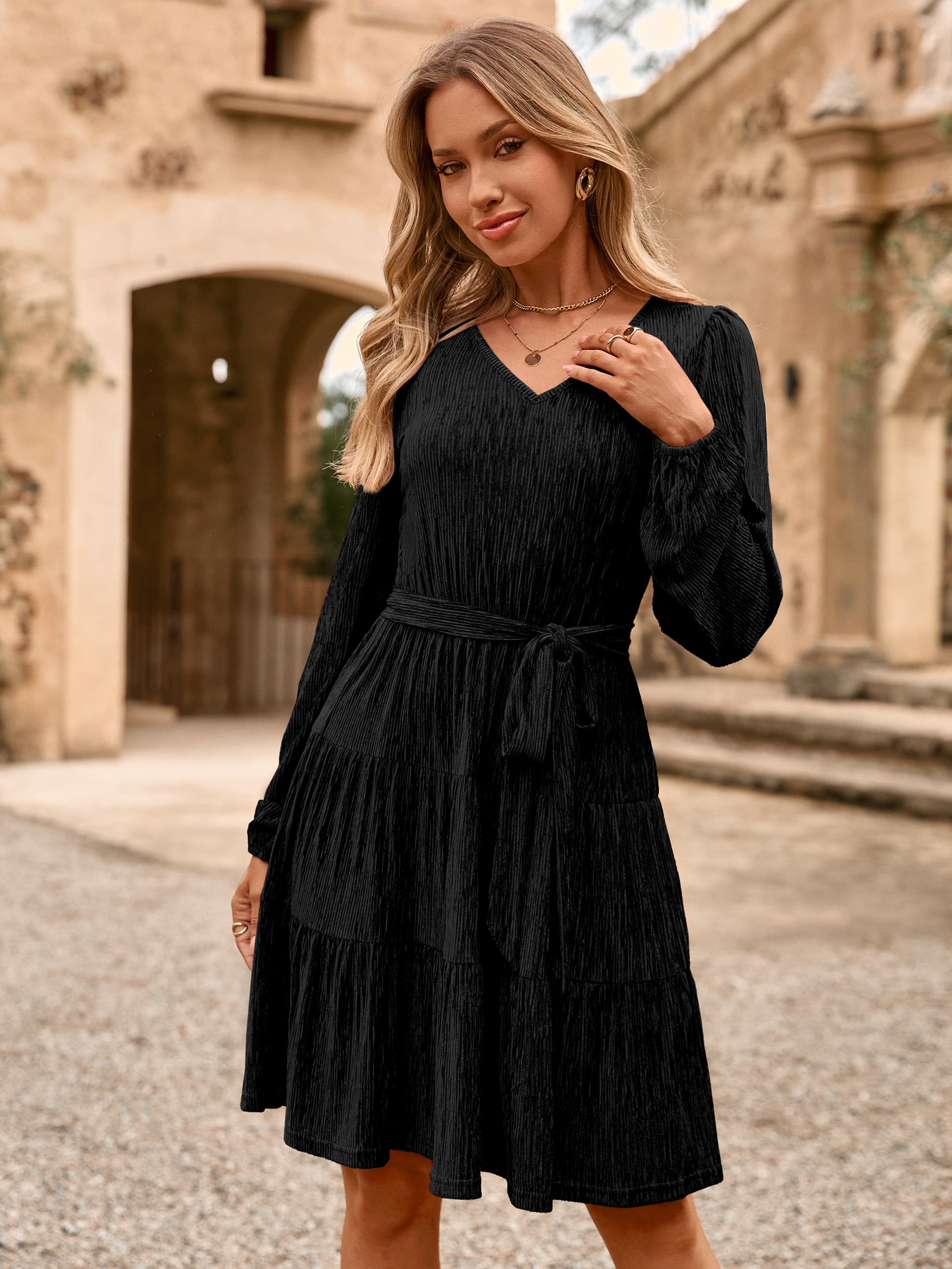 Velvet Long Sleeve V Neck Flowy Mini cocktail Dress
