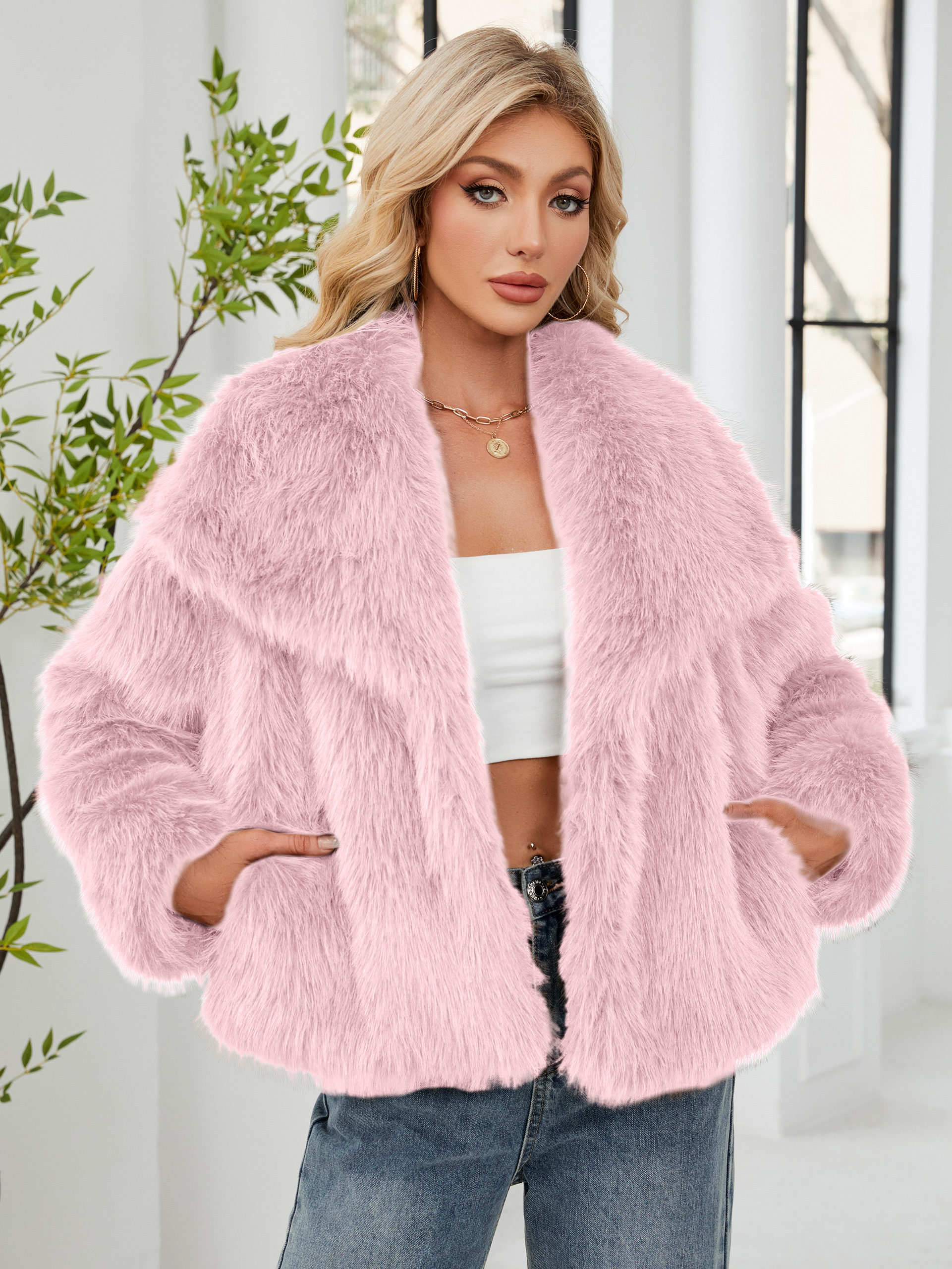 Luxurious Faux Fur Short Coat with Shawl Collar