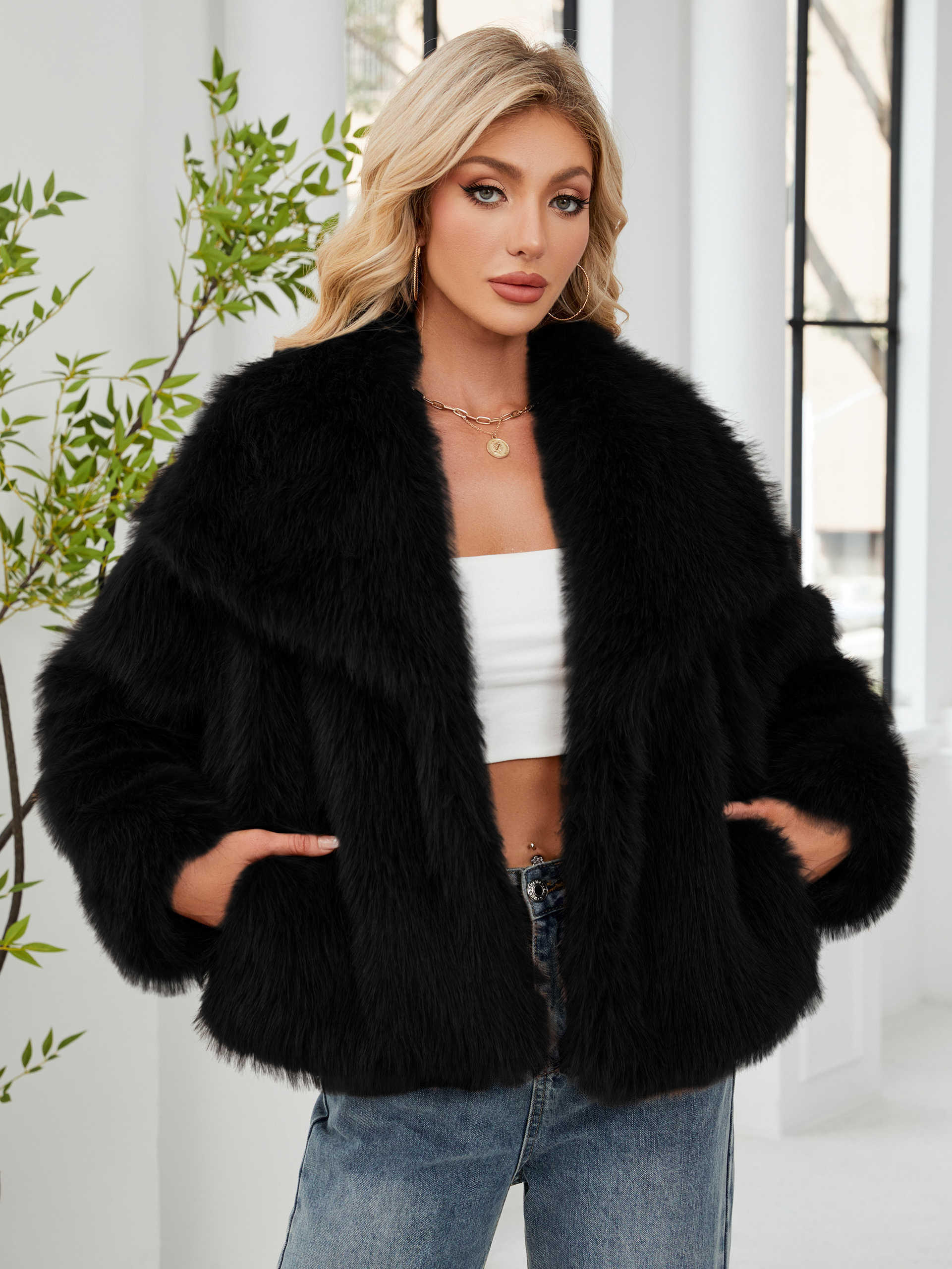 Luxurious Faux Fur Short Coat with Shawl Collar