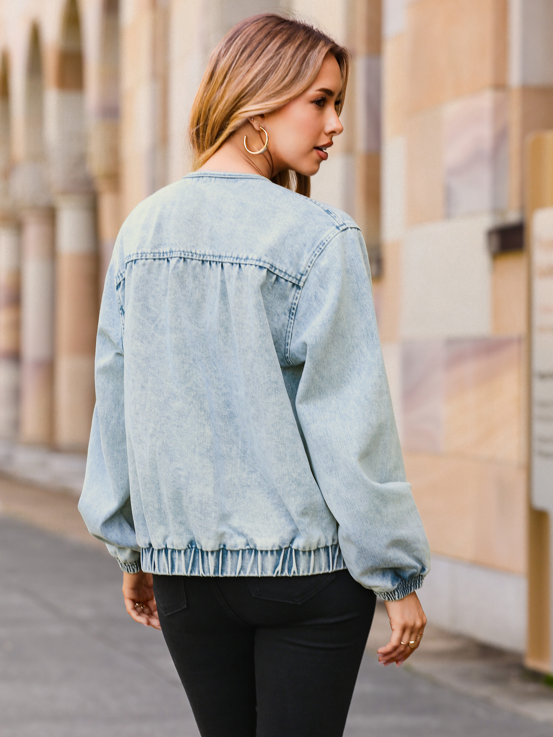 Loose Fit Zip Up Denim Bomber Jacket