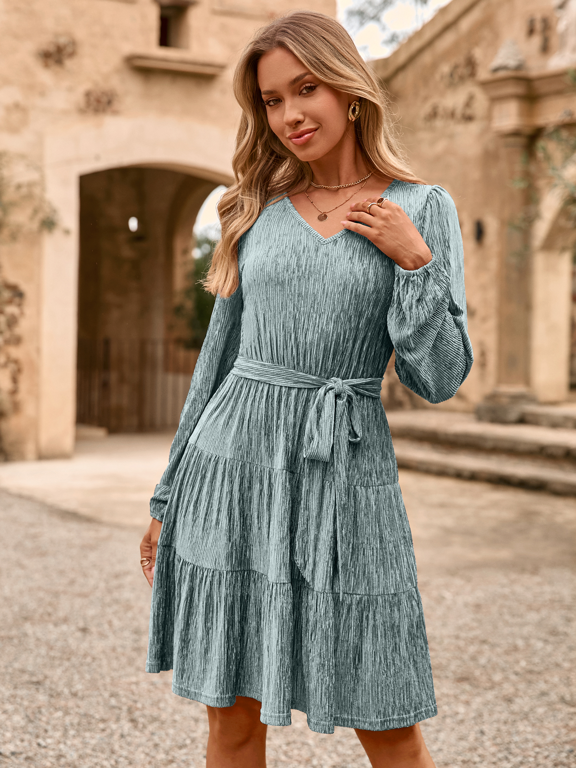 Velvet Long Sleeve V Neck Flowy Mini cocktail Dress