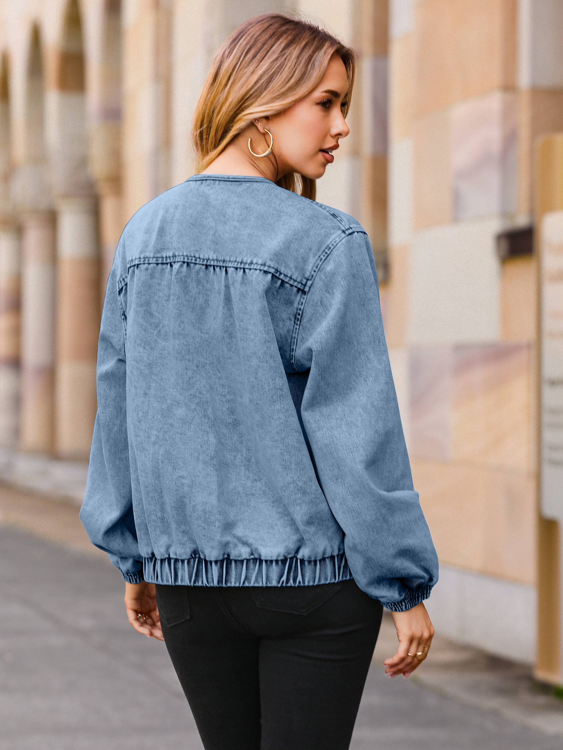 Loose Fit Zip Up Denim Bomber Jacket