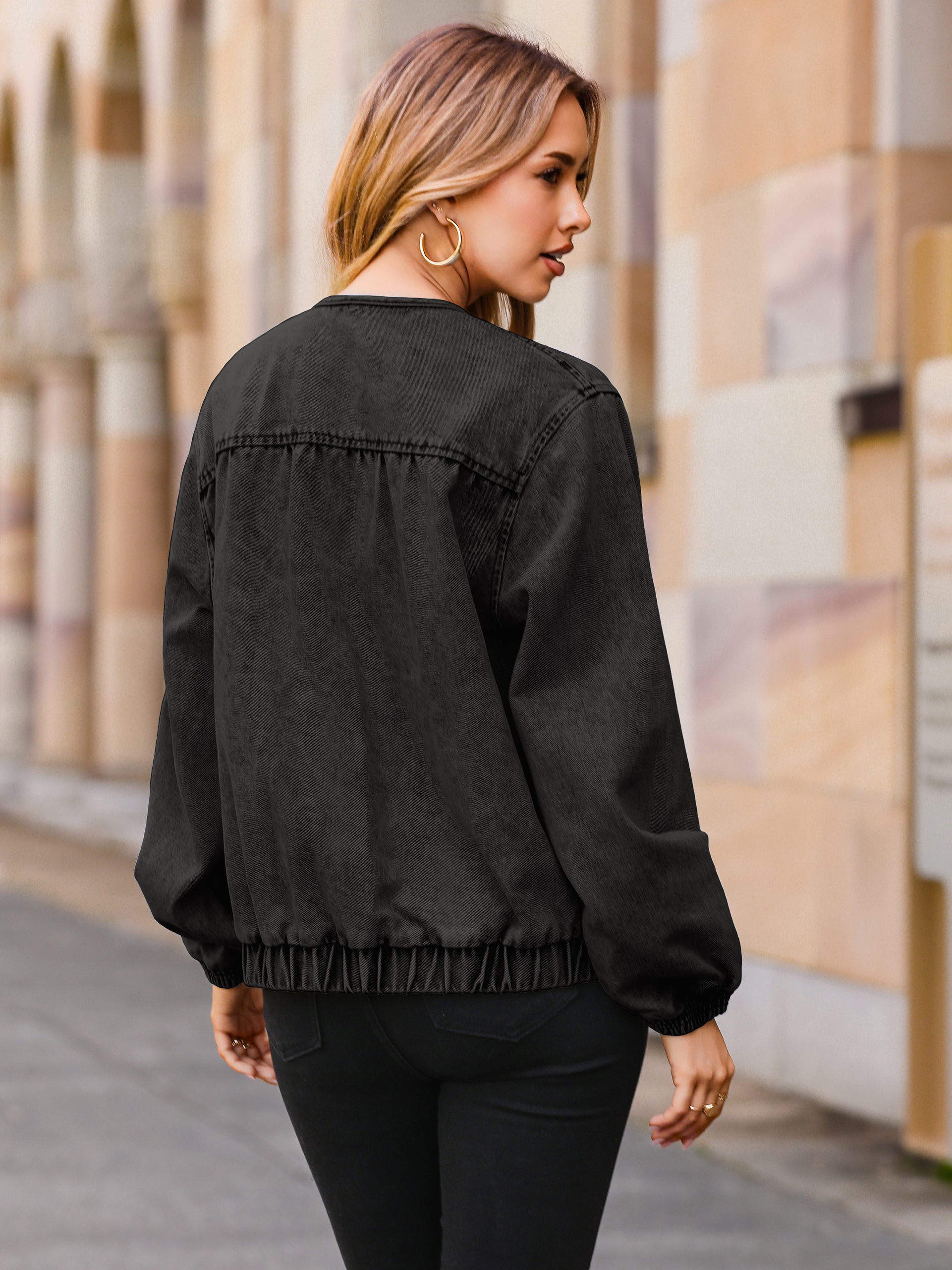 Loose Fit Zip Up Denim Bomber Jacket