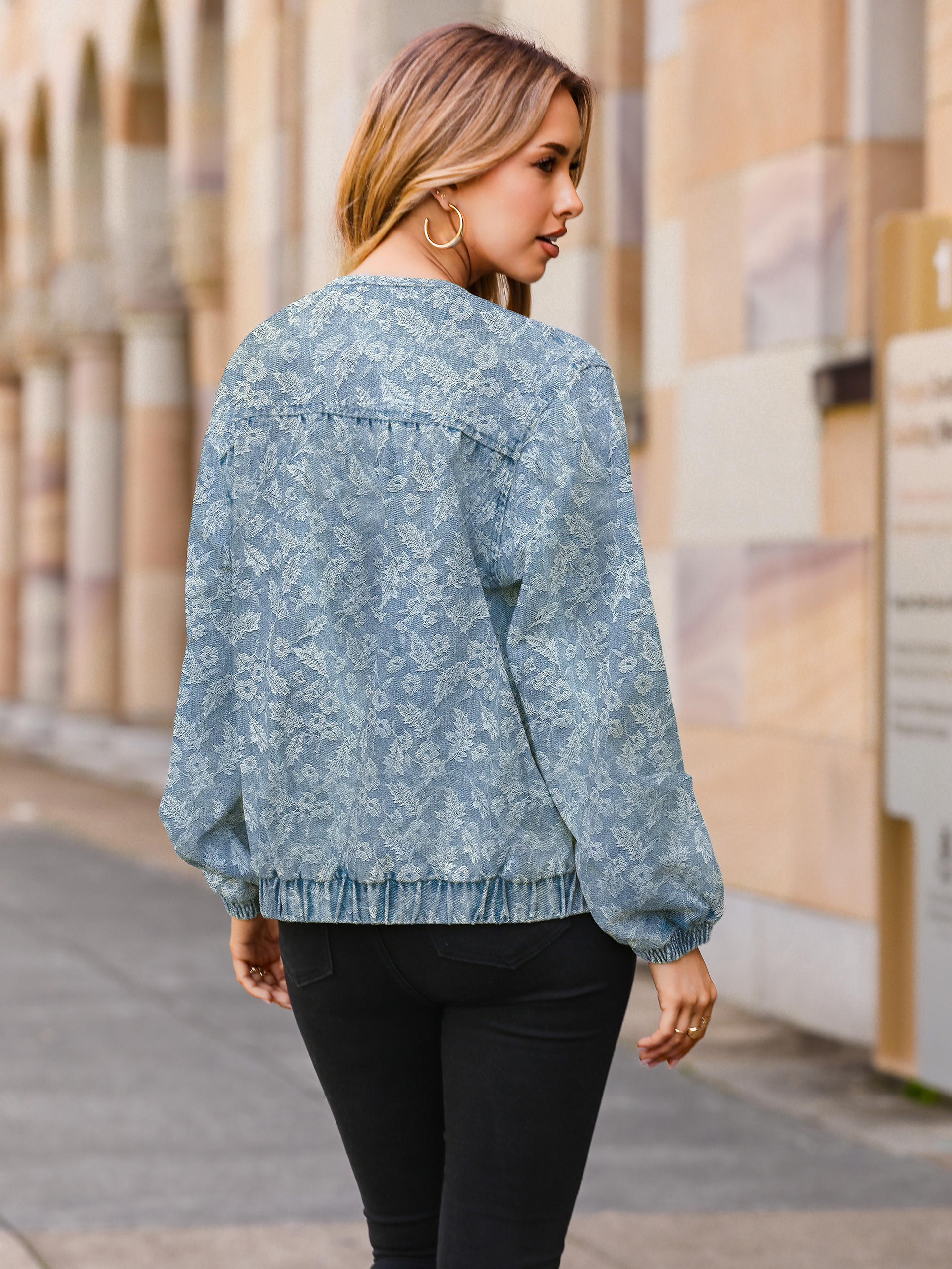 Loose Fit Zip Up Denim Bomber Jacket