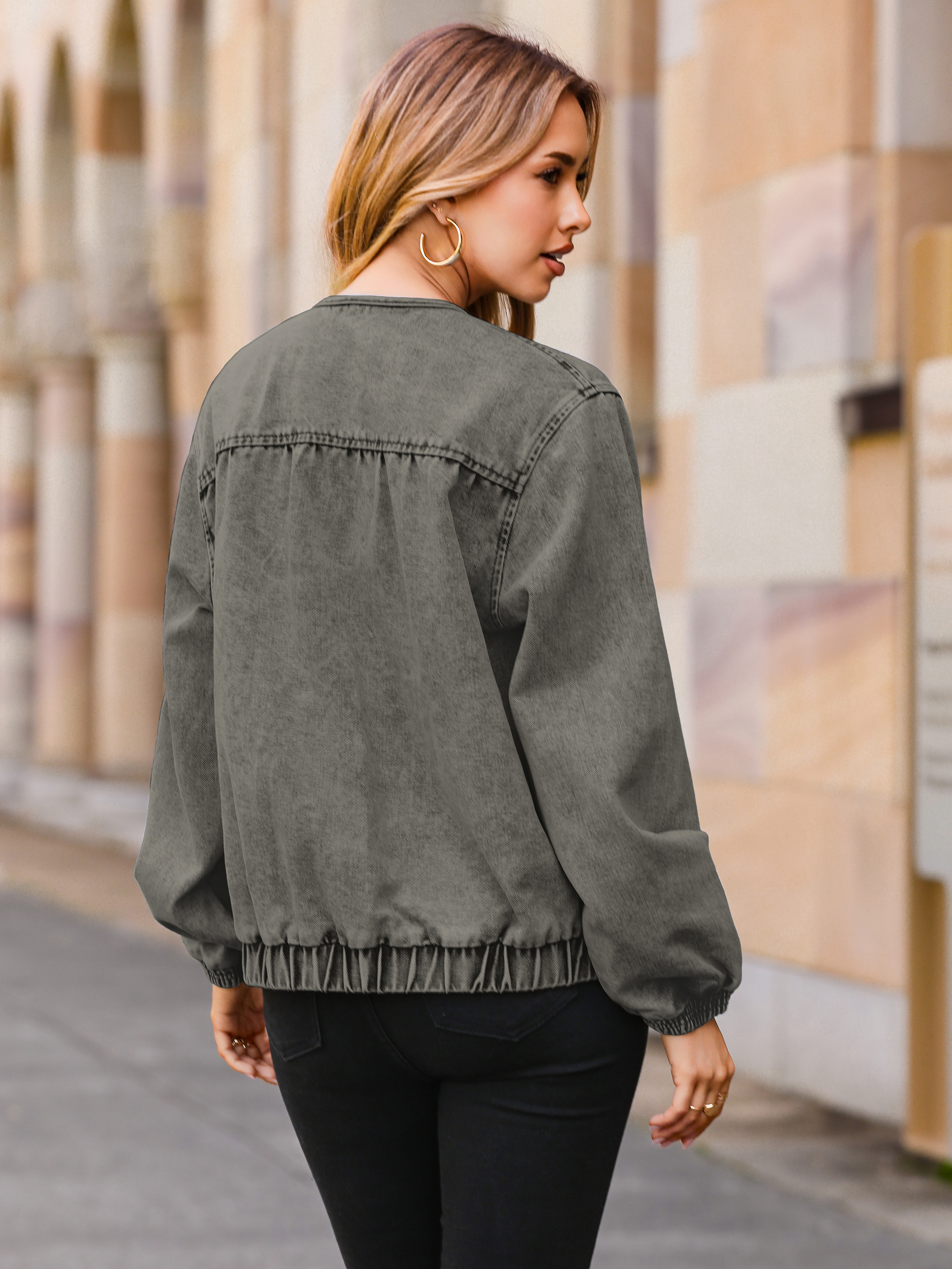 Loose Fit Zip Up Denim Bomber Jacket