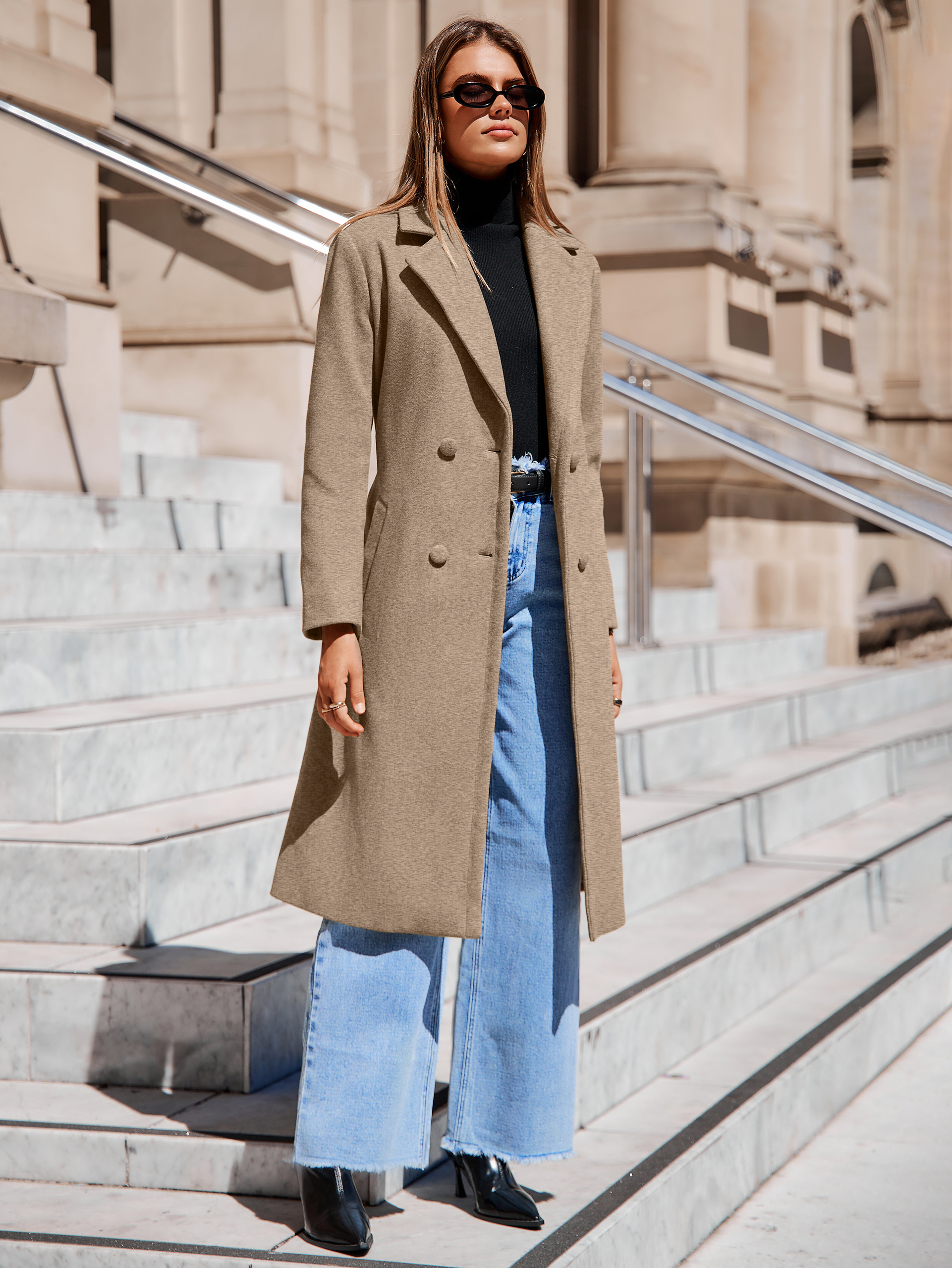 Longline Wool Blend Trench Coat with Belt