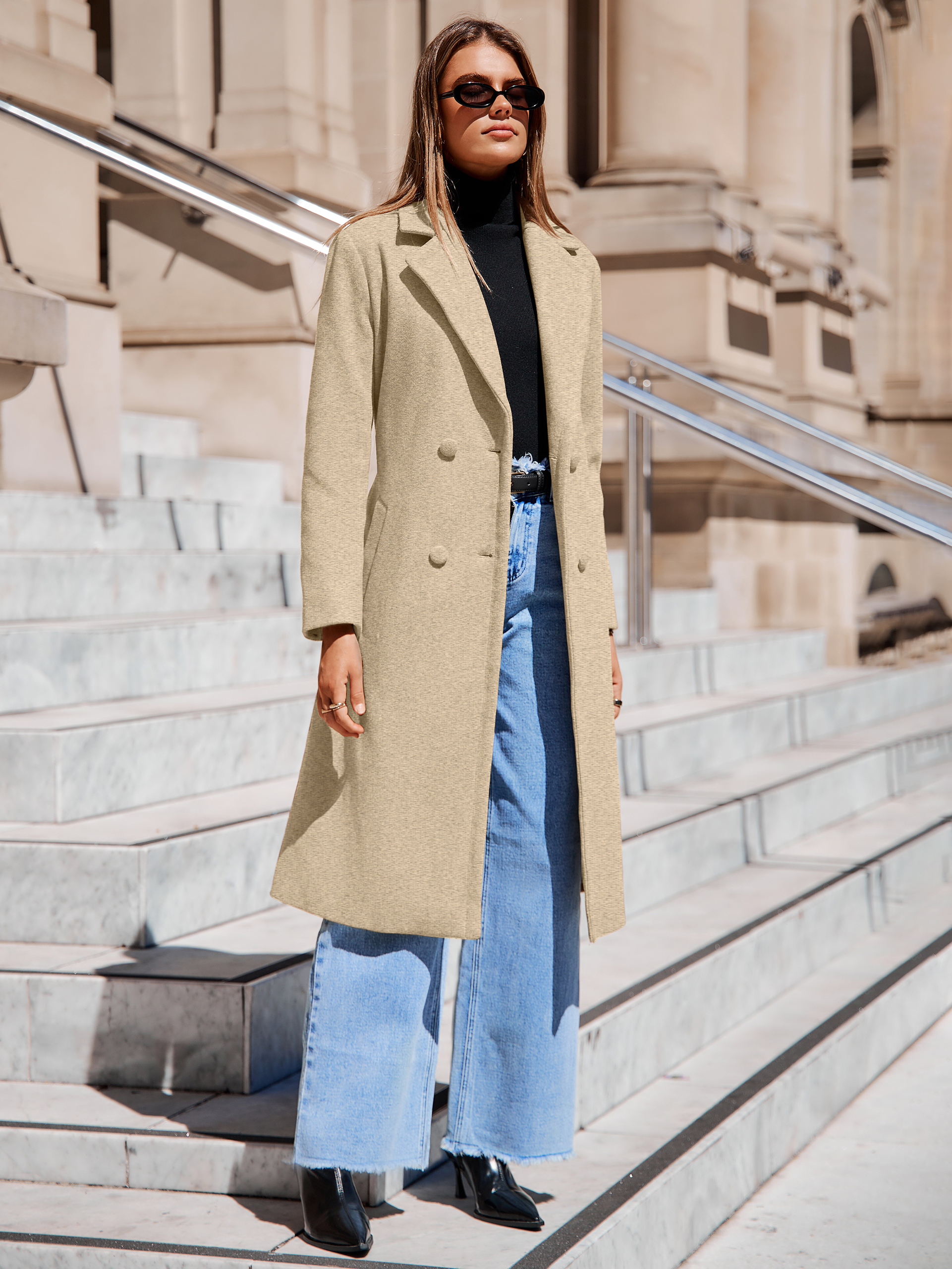 Longline Wool Blend Trench Coat with Belt