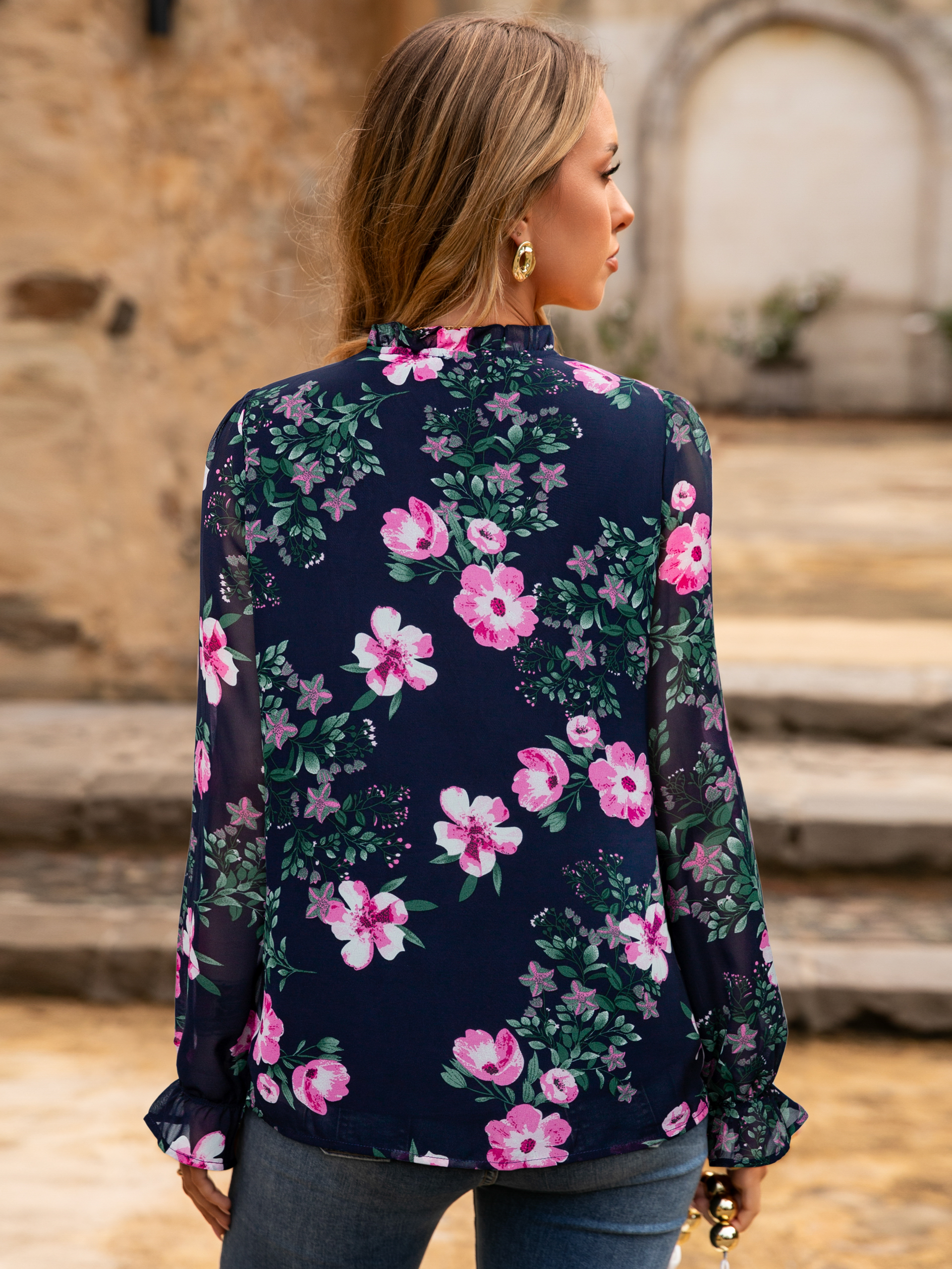 Floral V Neck Puff Sleeve Chiffon Blouse