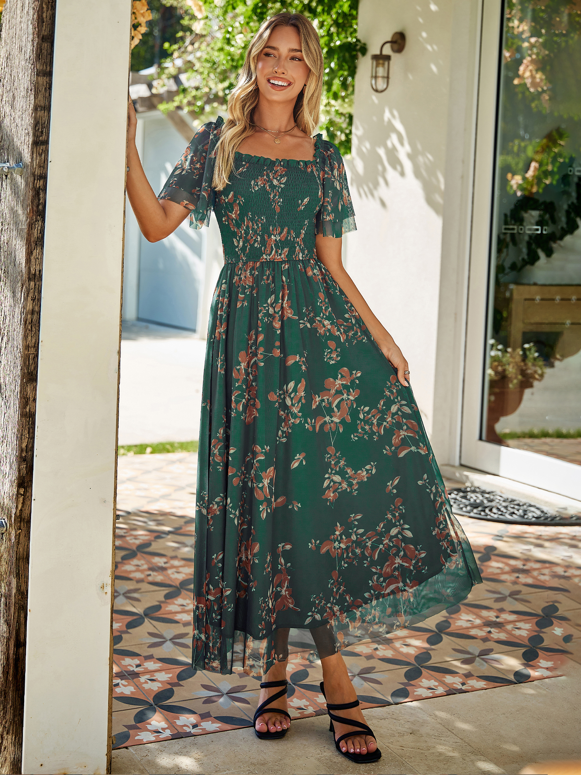 Floral Square Neck Smocked Flutter Sleeve Maxi Dress