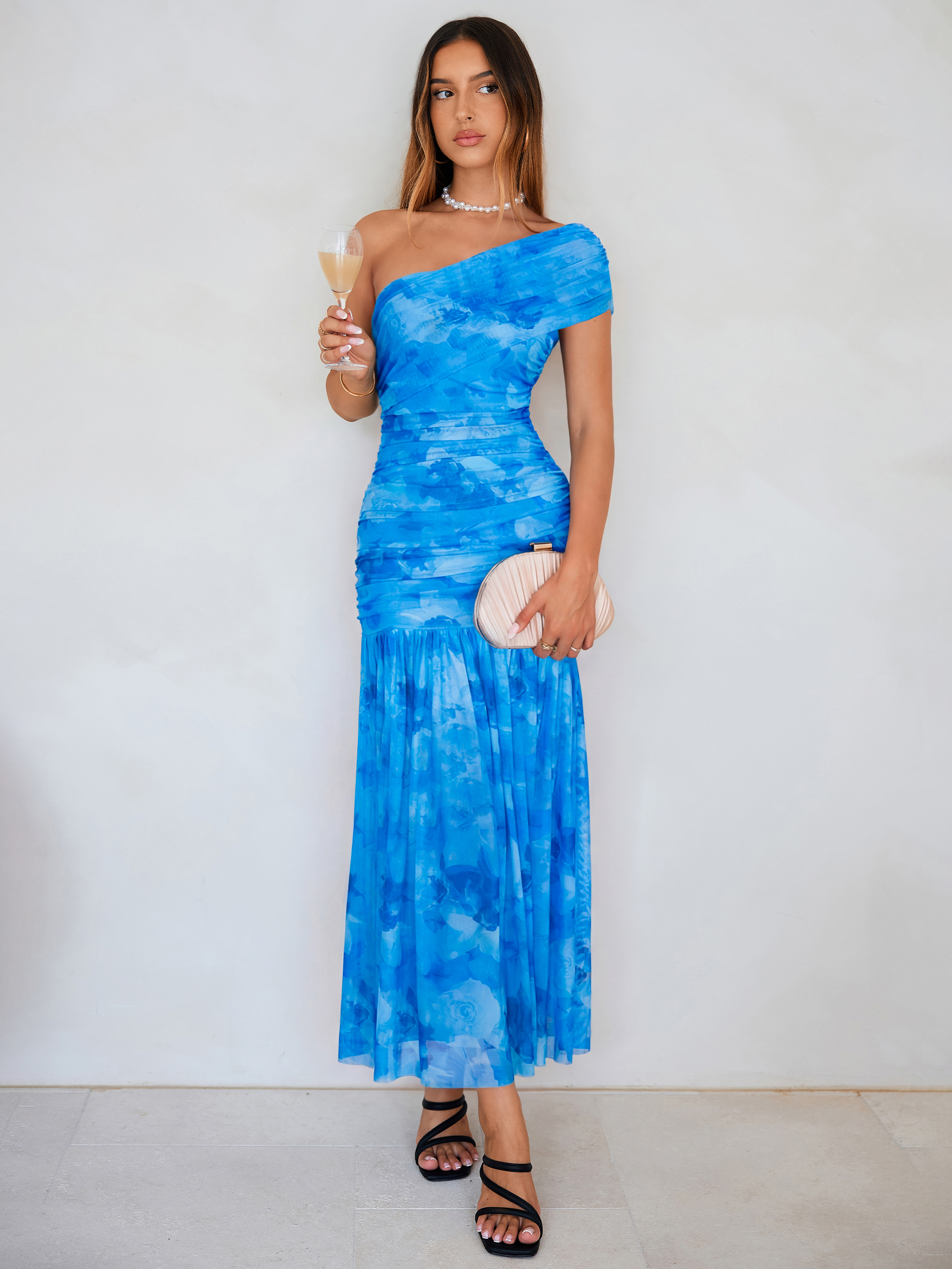 One Shoulder Floral Ruched Mesh Bodycon Dress