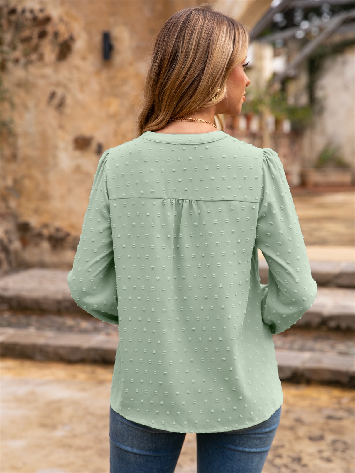 Lace Trim V Neck Swiss Dot Blouse - Light Green