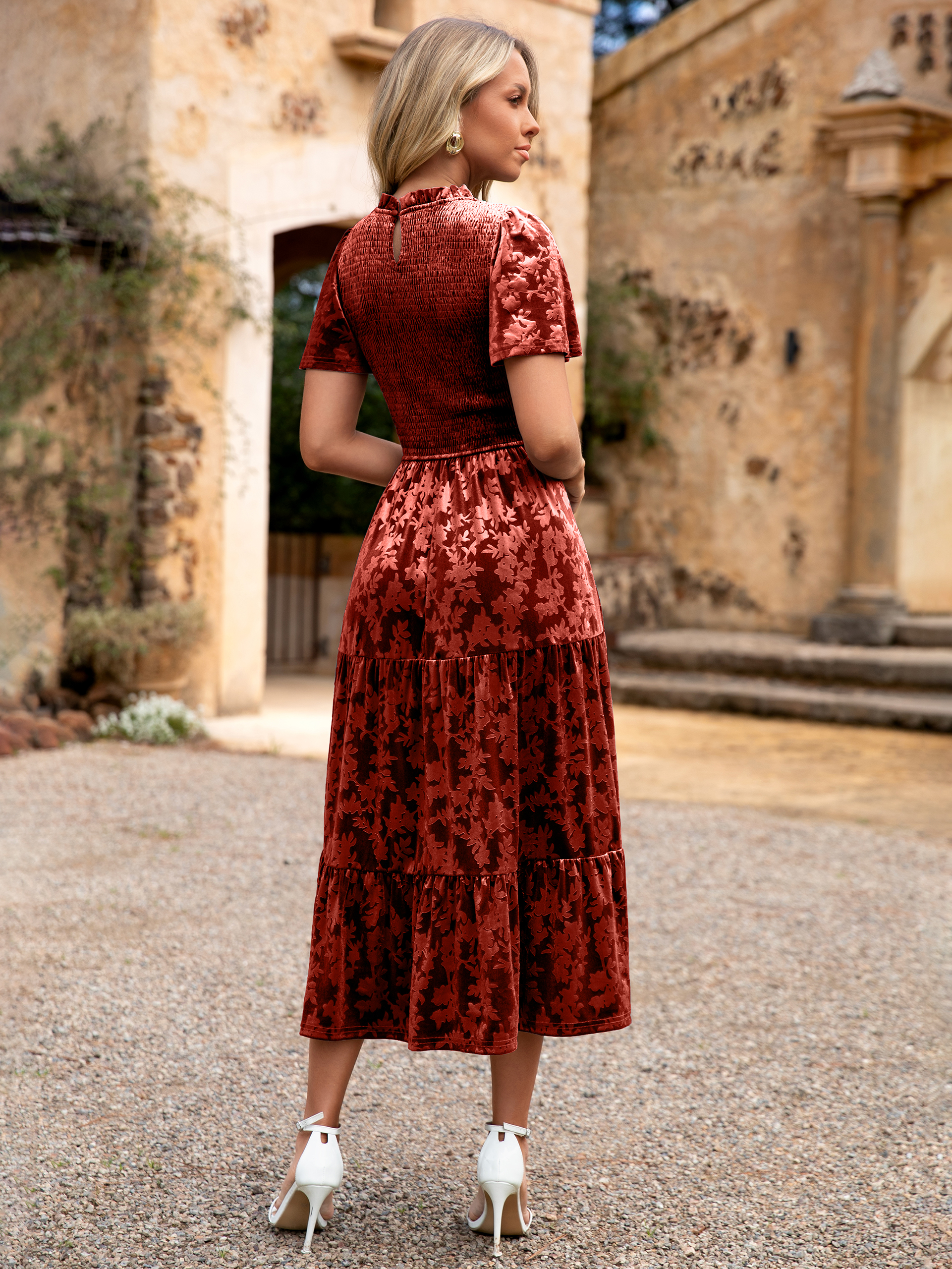 Ruffle Neck Smocked Velvet Floral Maxi Dress - Orange Red