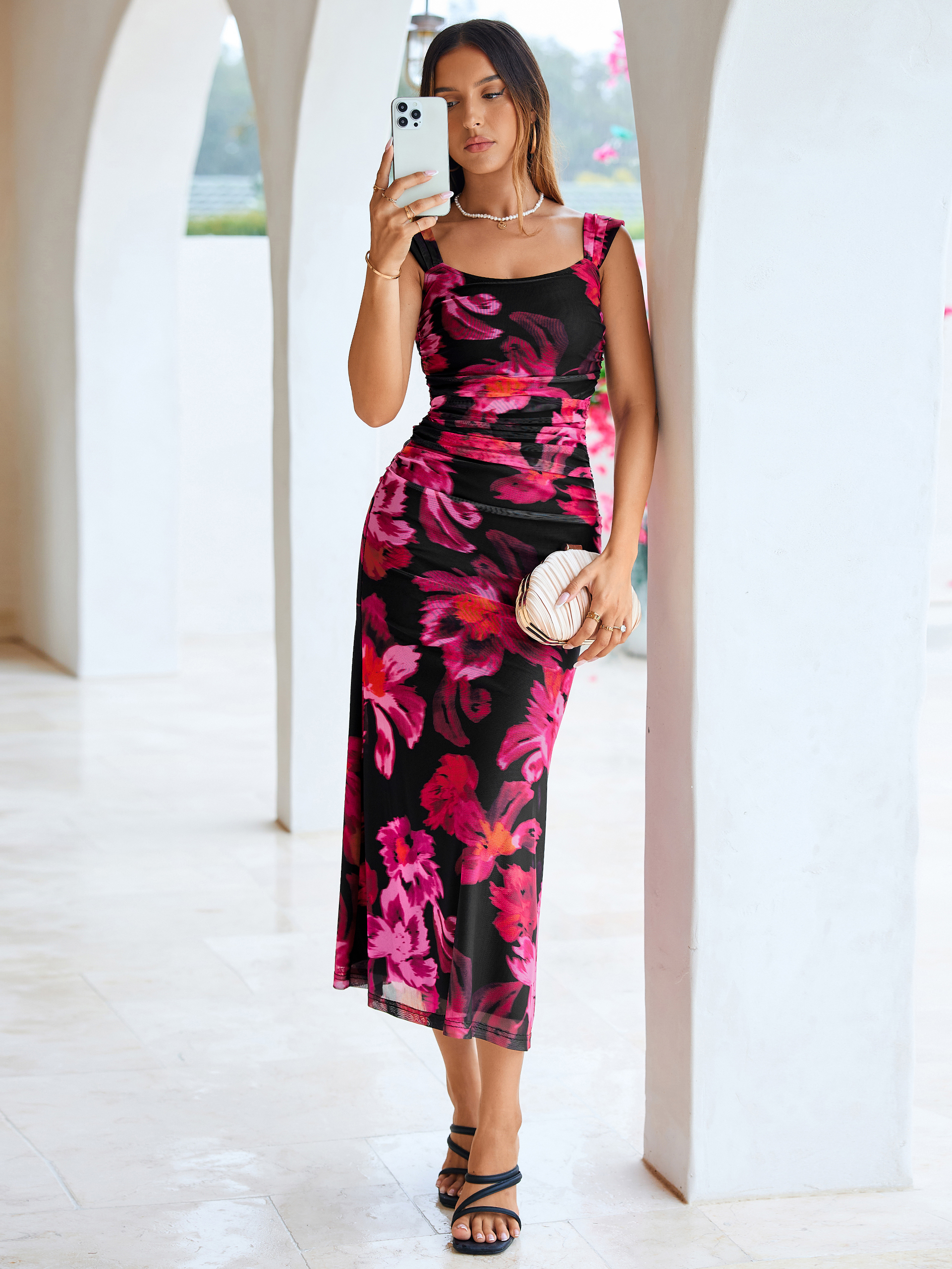 Floral Square Neck Ruched Mesh Bodycon Dress