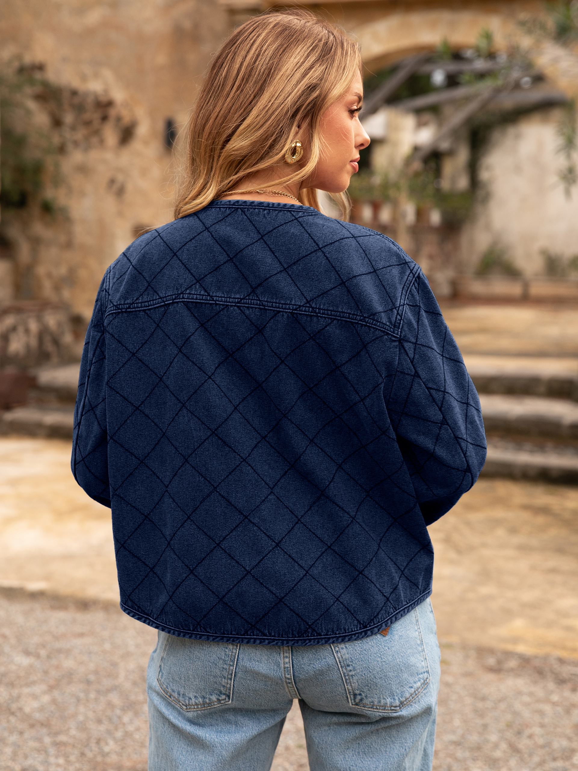 Button Crew Neck Quilted Diamond Denim Jacket - Denim Navy Blue