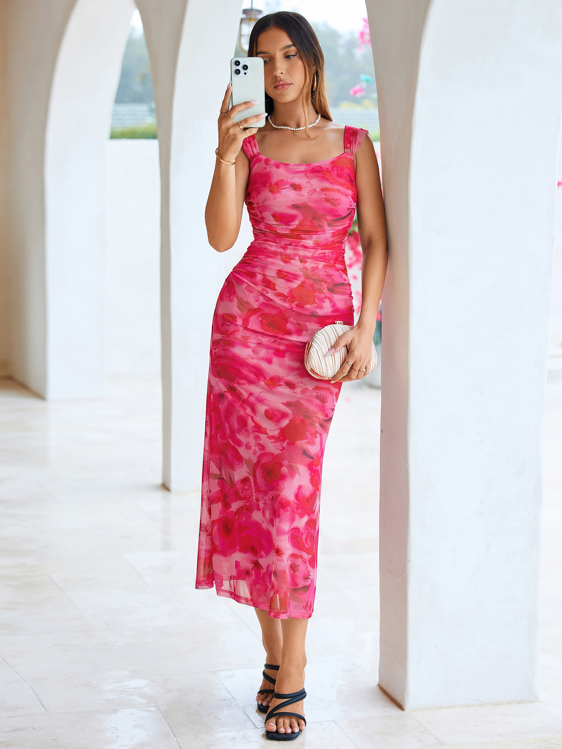 Floral Square Neck Ruched Mesh Bodycon Dress