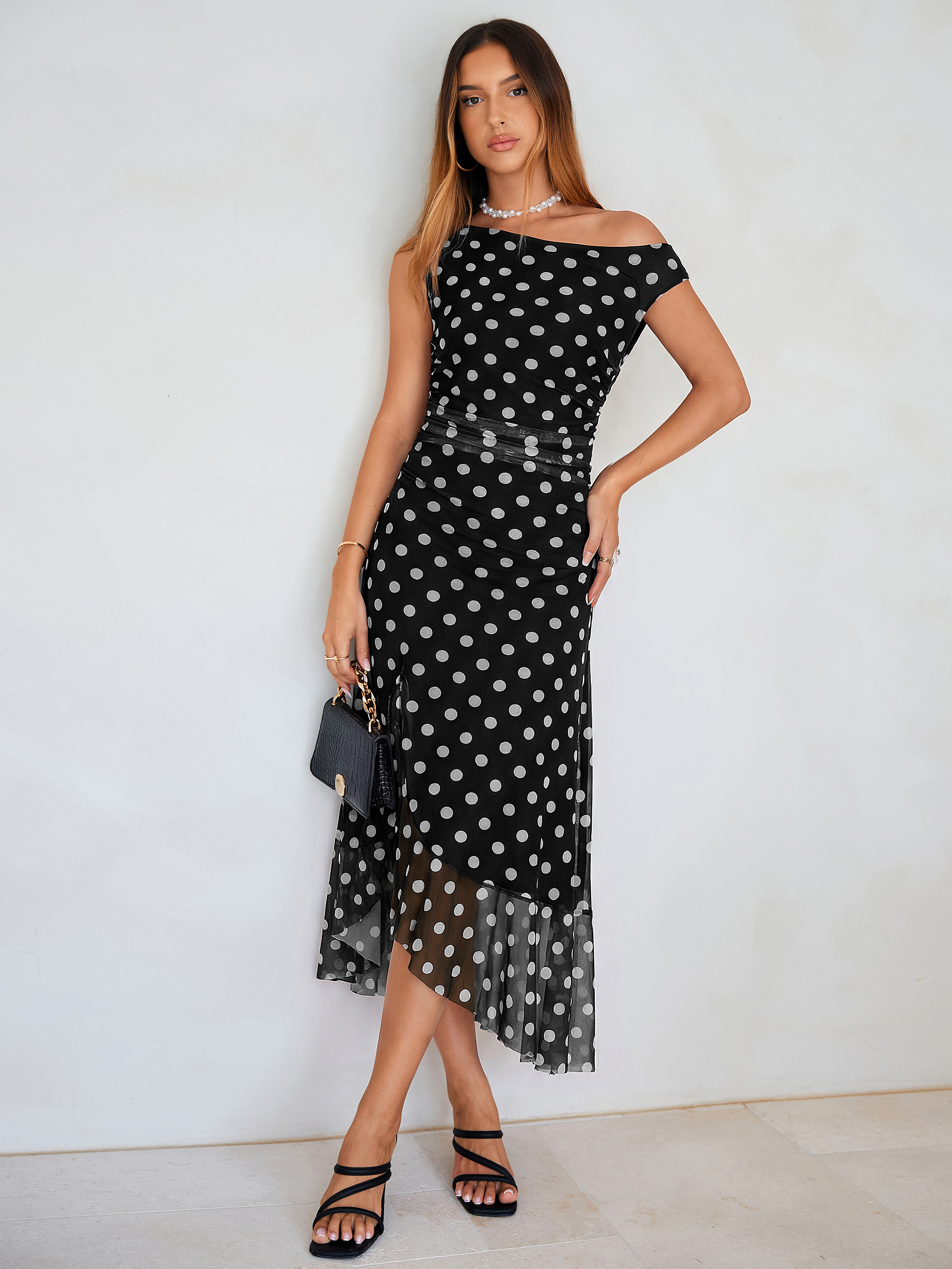 One-Shoulder Polka Dot Ruffle Midi Dress