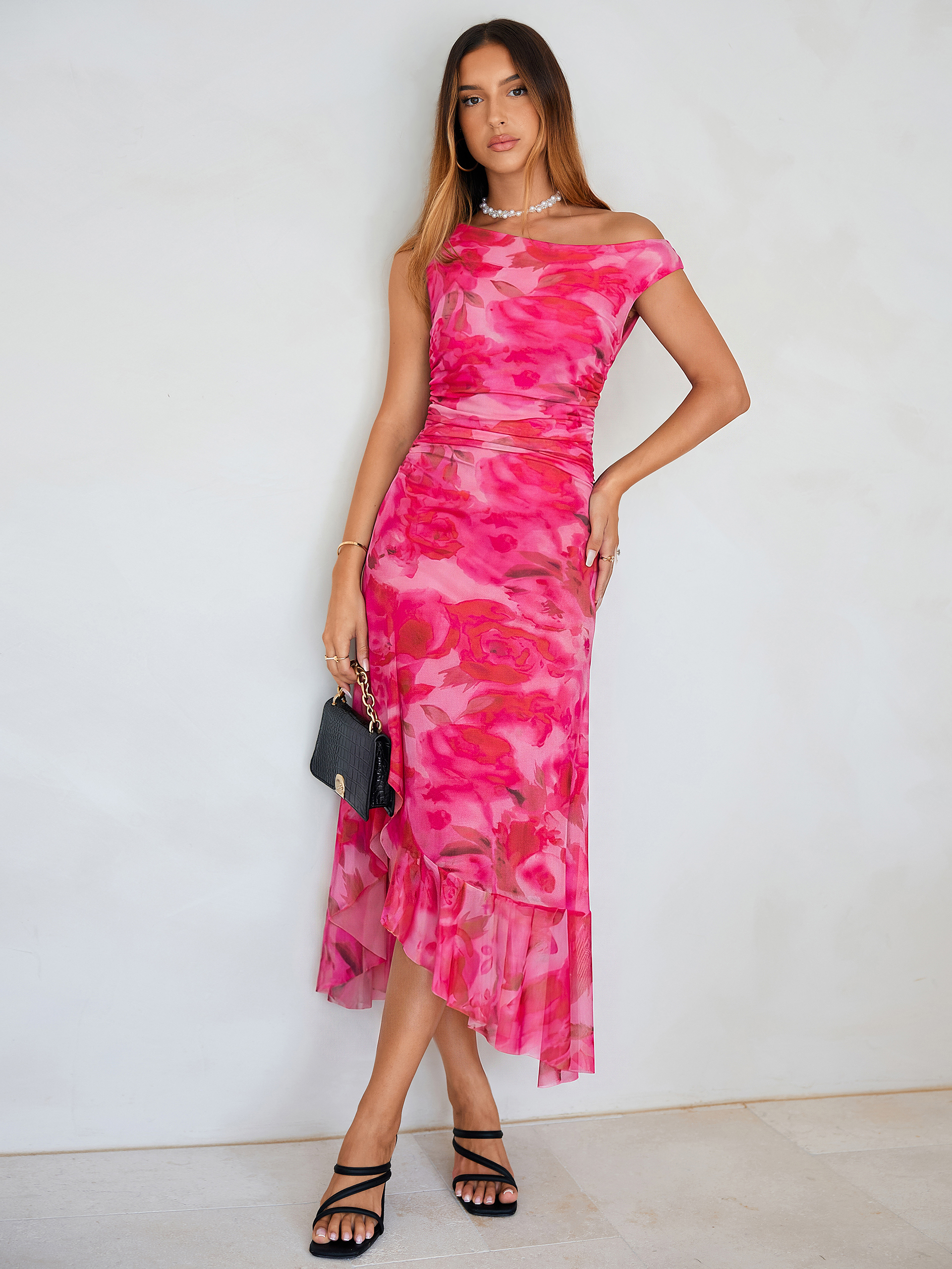 Floral One-Shoulder Mesh Ruched Midi Dress - Pink Floral