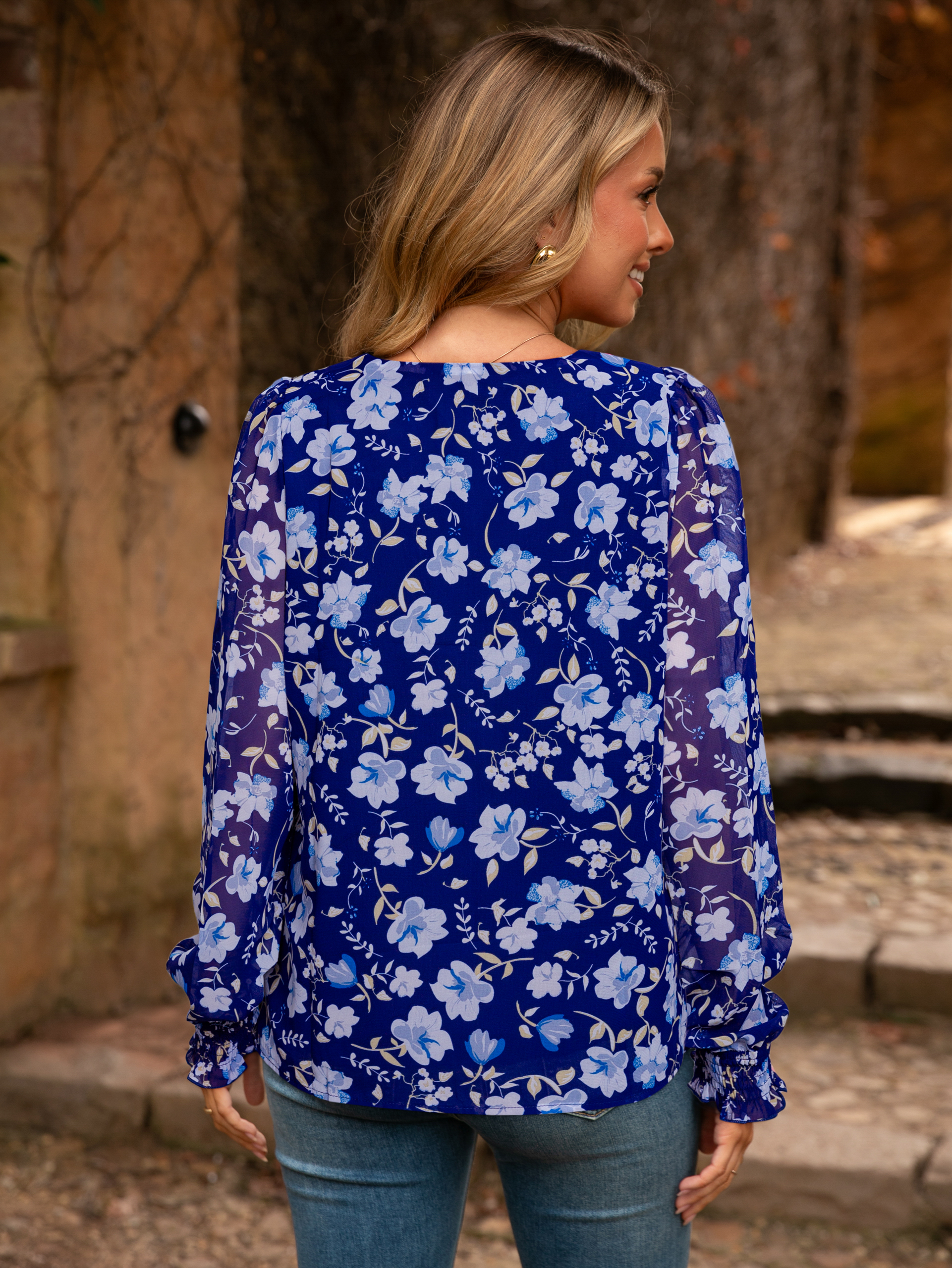 Floral V Neck Long Sleeve Blouse