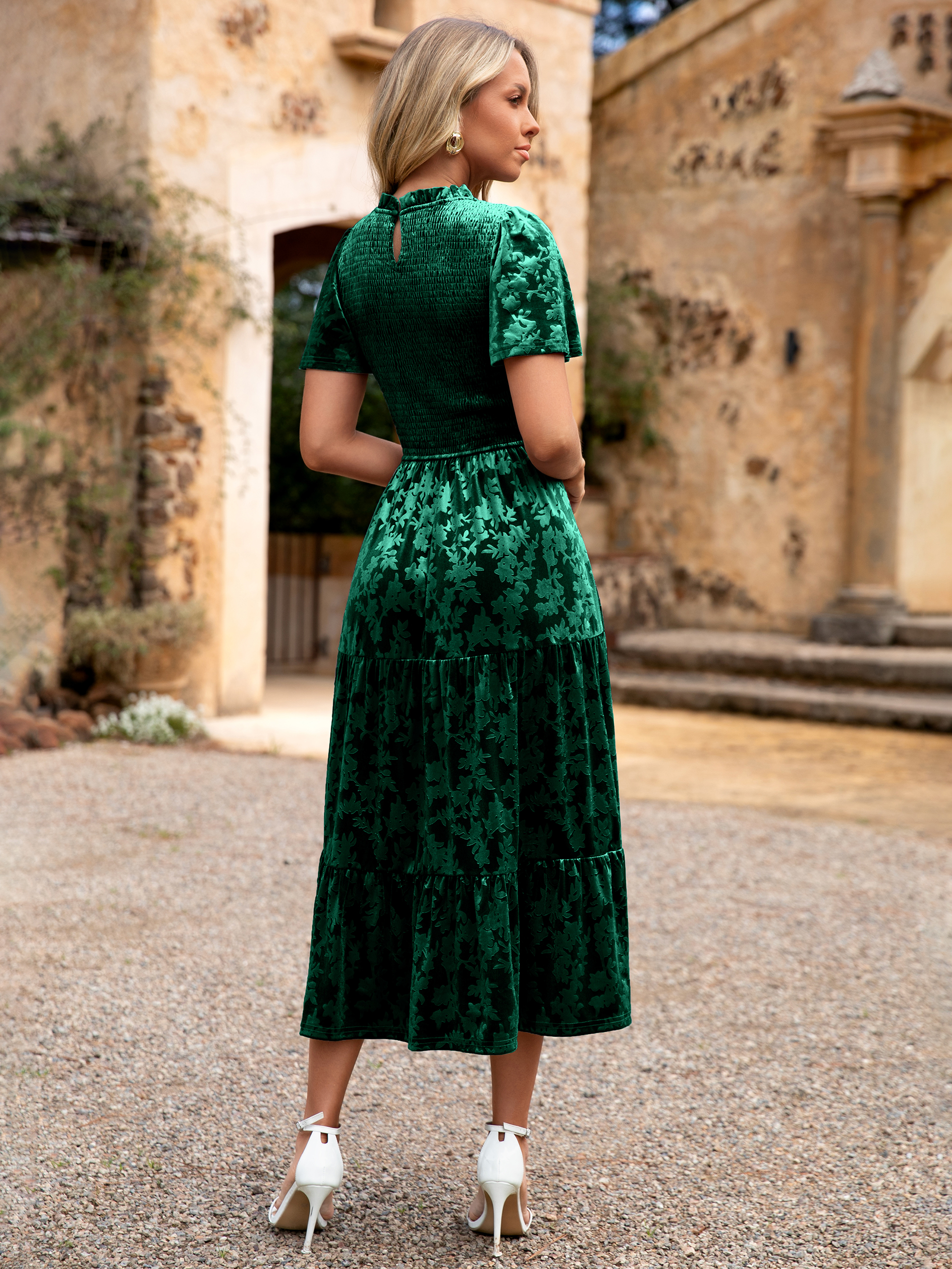 Ruffle Neck Smocked Velvet Floral Maxi Dress