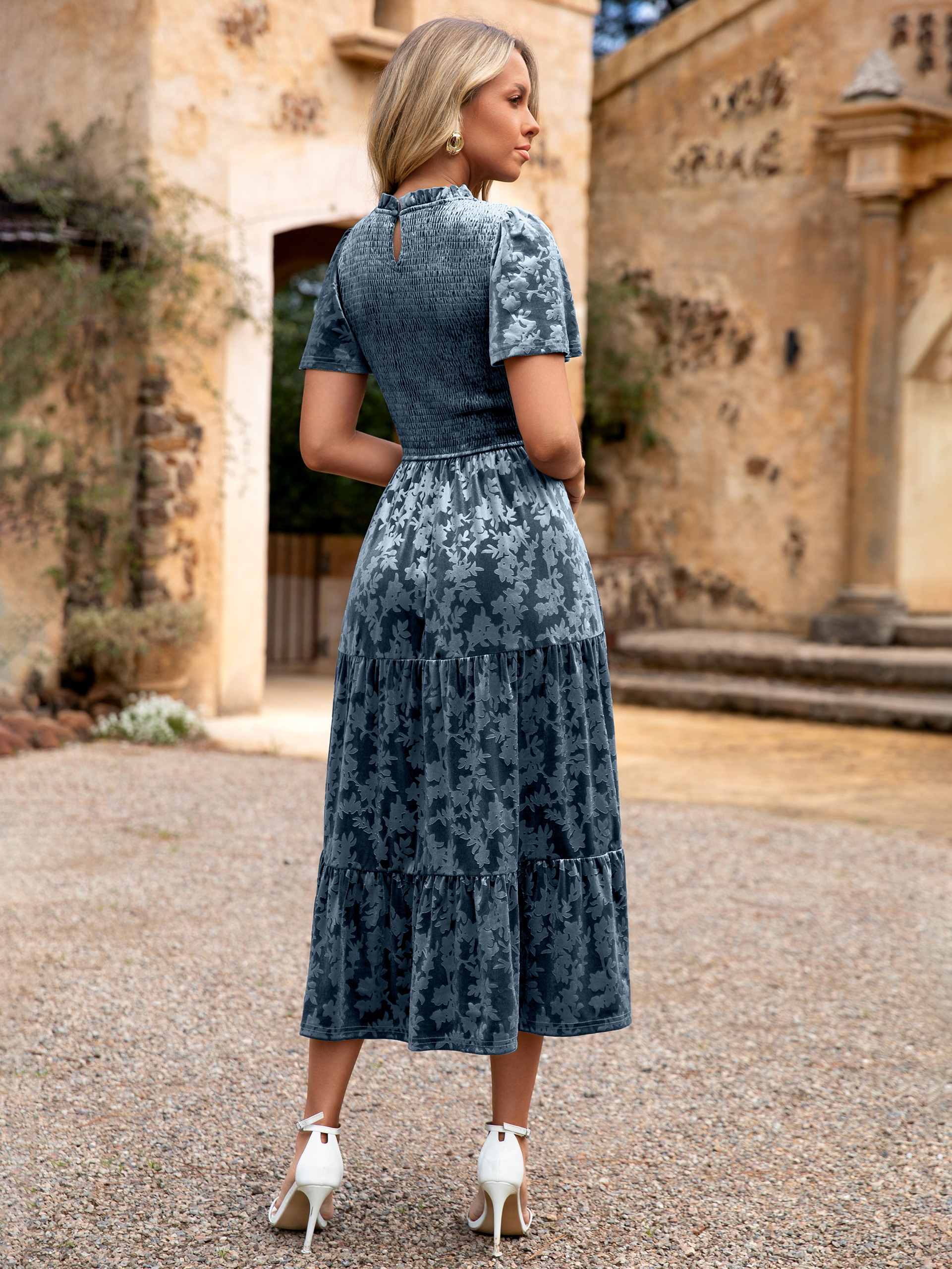 Ruffle Neck Smocked Velvet Floral Maxi Dress