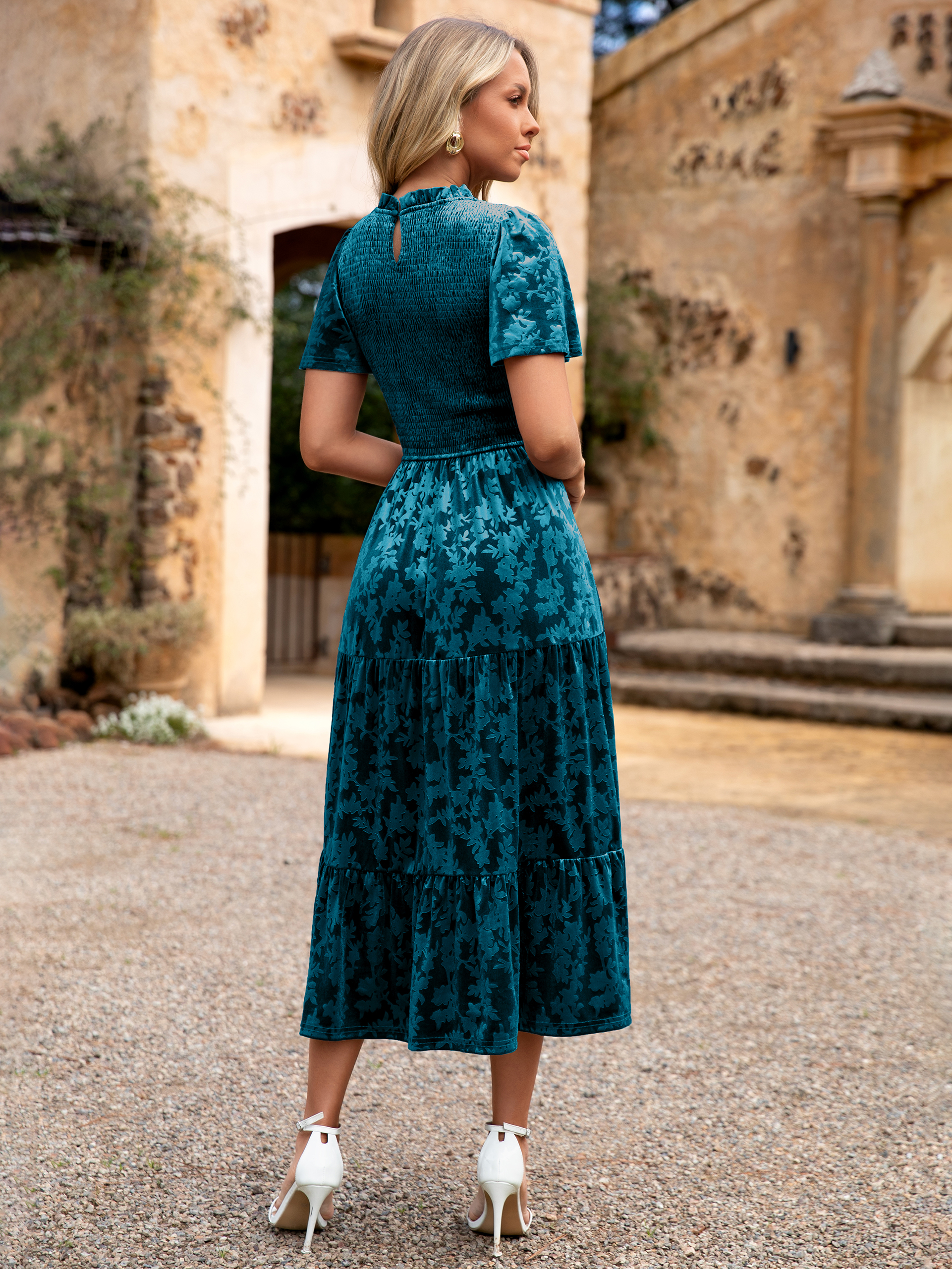 Ruffle Neck Smocked Velvet Floral Maxi Dress