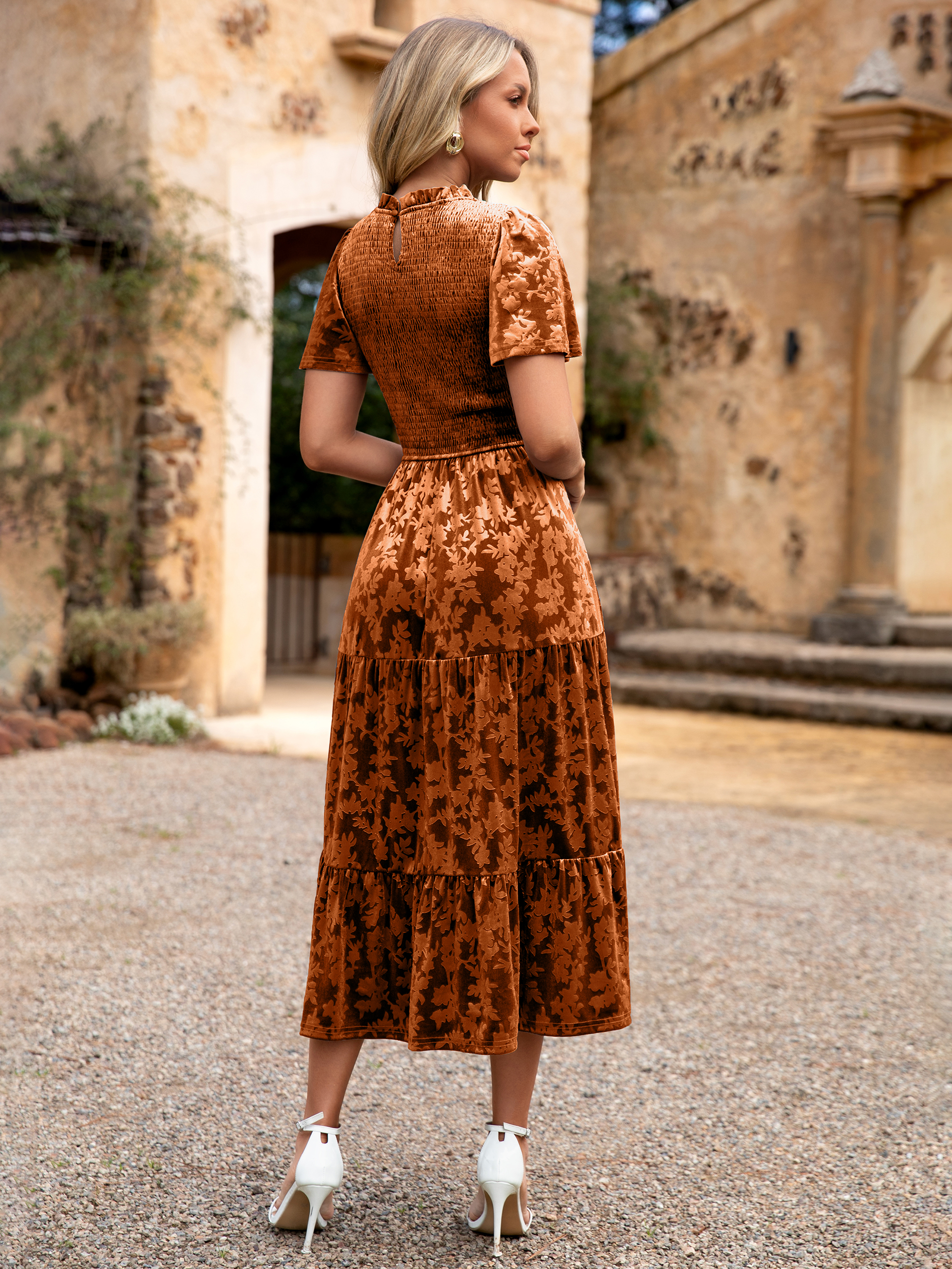 Ruffle Neck Smocked Velvet Floral Maxi Dress