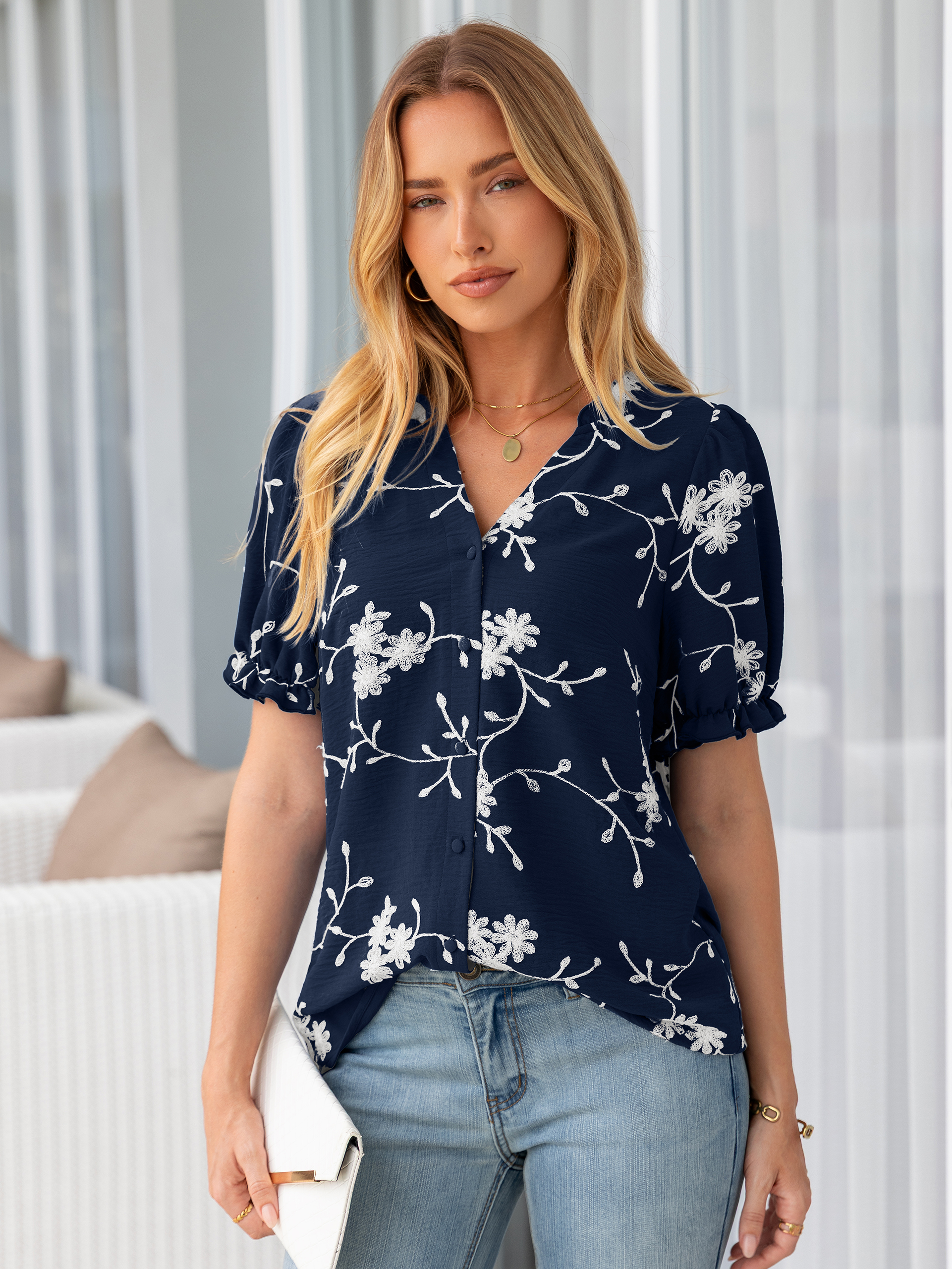 Floral Embroidered Ruffle V-Neck Puff Sleeve Top