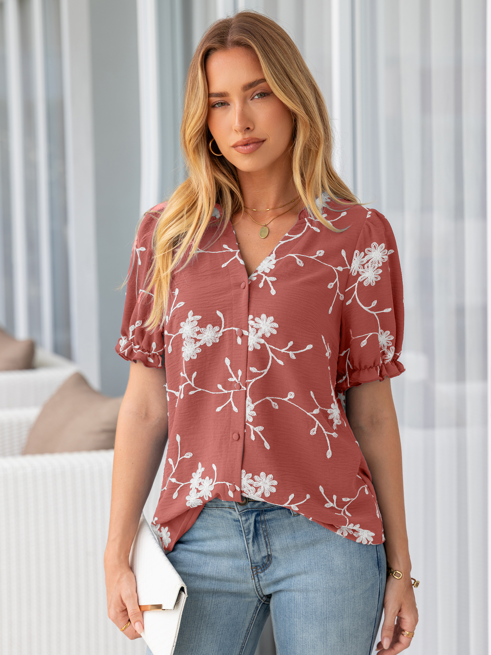 Floral Embroidered Ruffle V-Neck Puff Sleeve Top