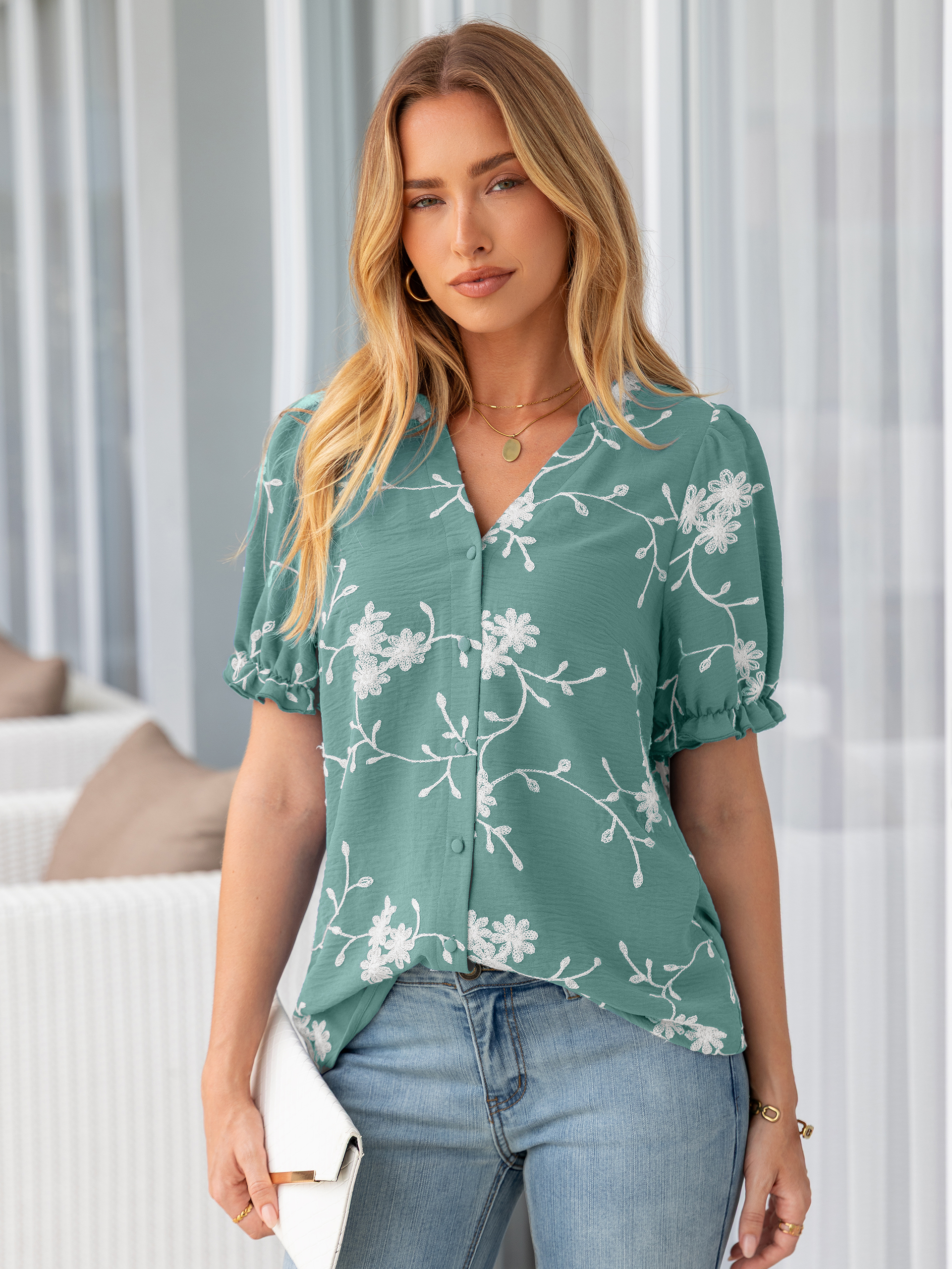 Floral Embroidered Ruffle V-Neck Puff Sleeve Top