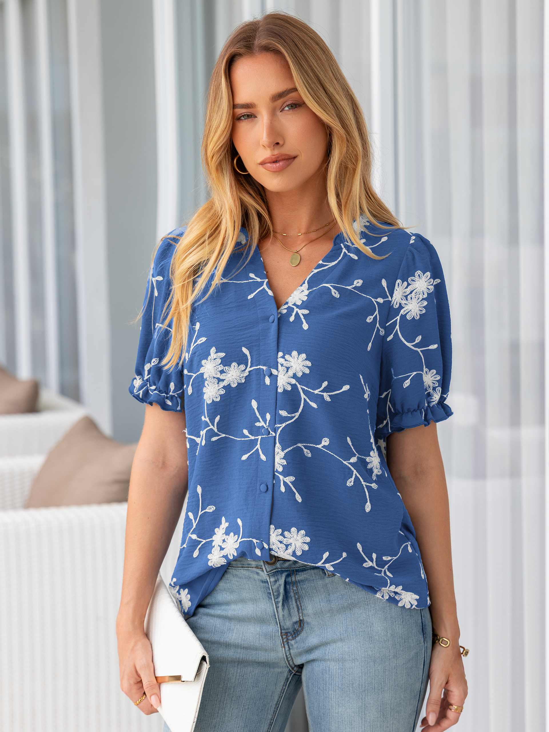 Floral Embroidered Ruffle V-Neck Puff Sleeve Top