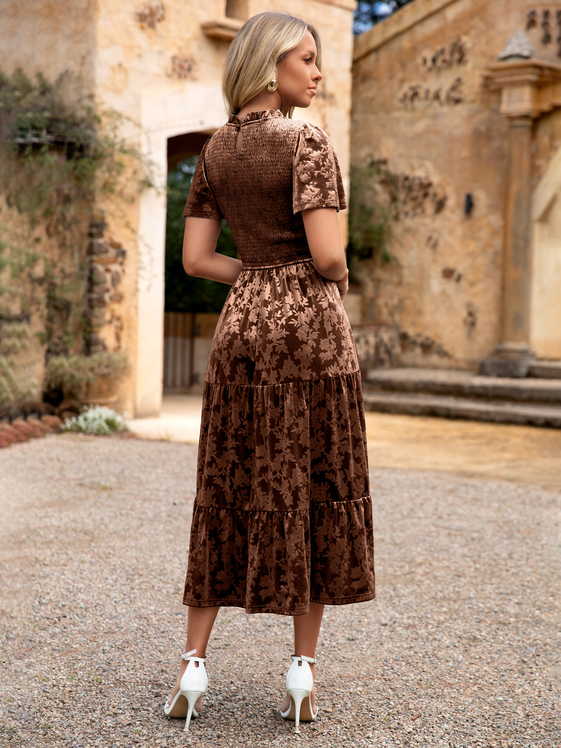 Ruffle Neck Smocked Velvet Floral Maxi Dress