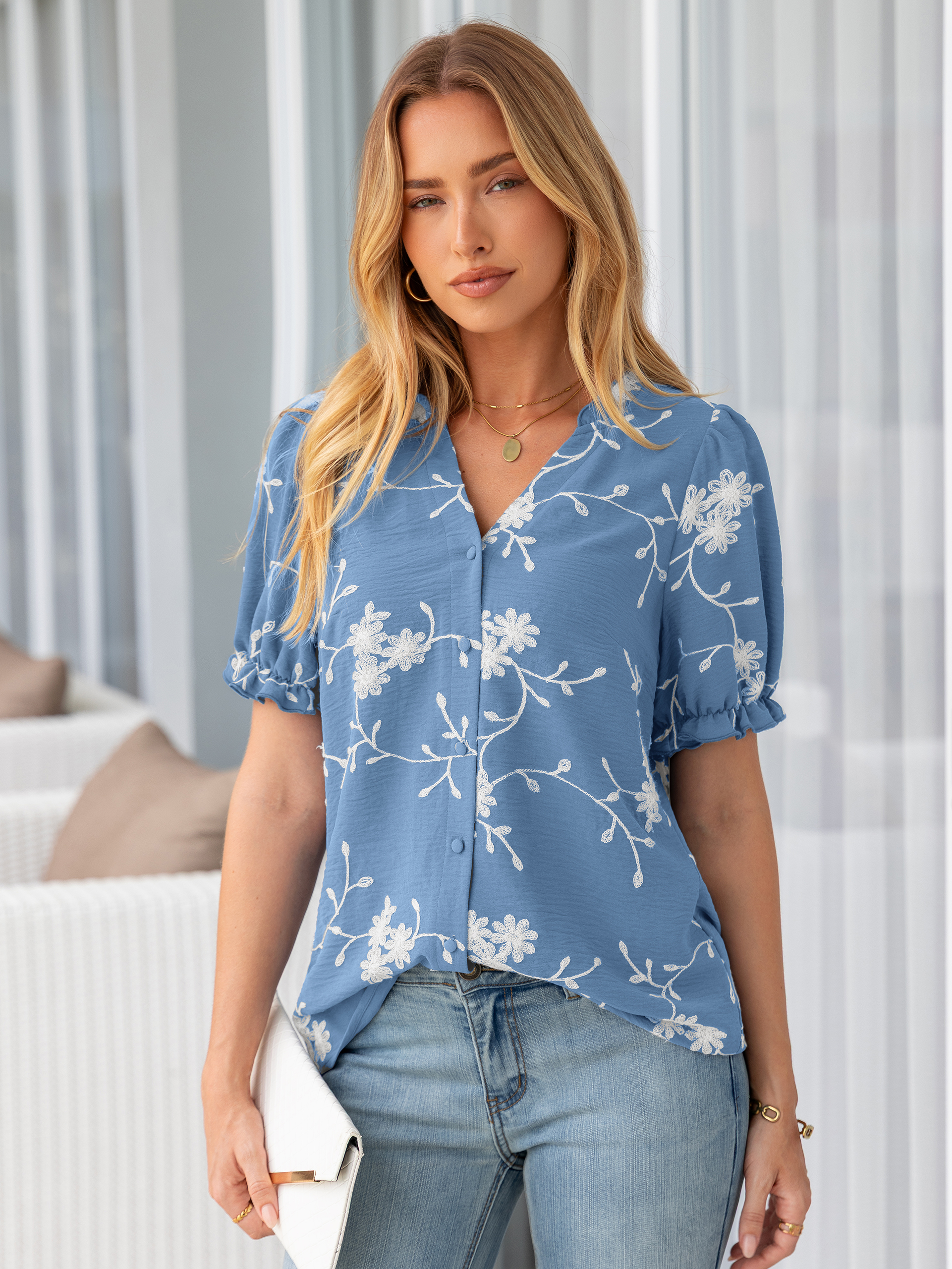 Floral Embroidered Ruffle V-Neck Puff Sleeve Top