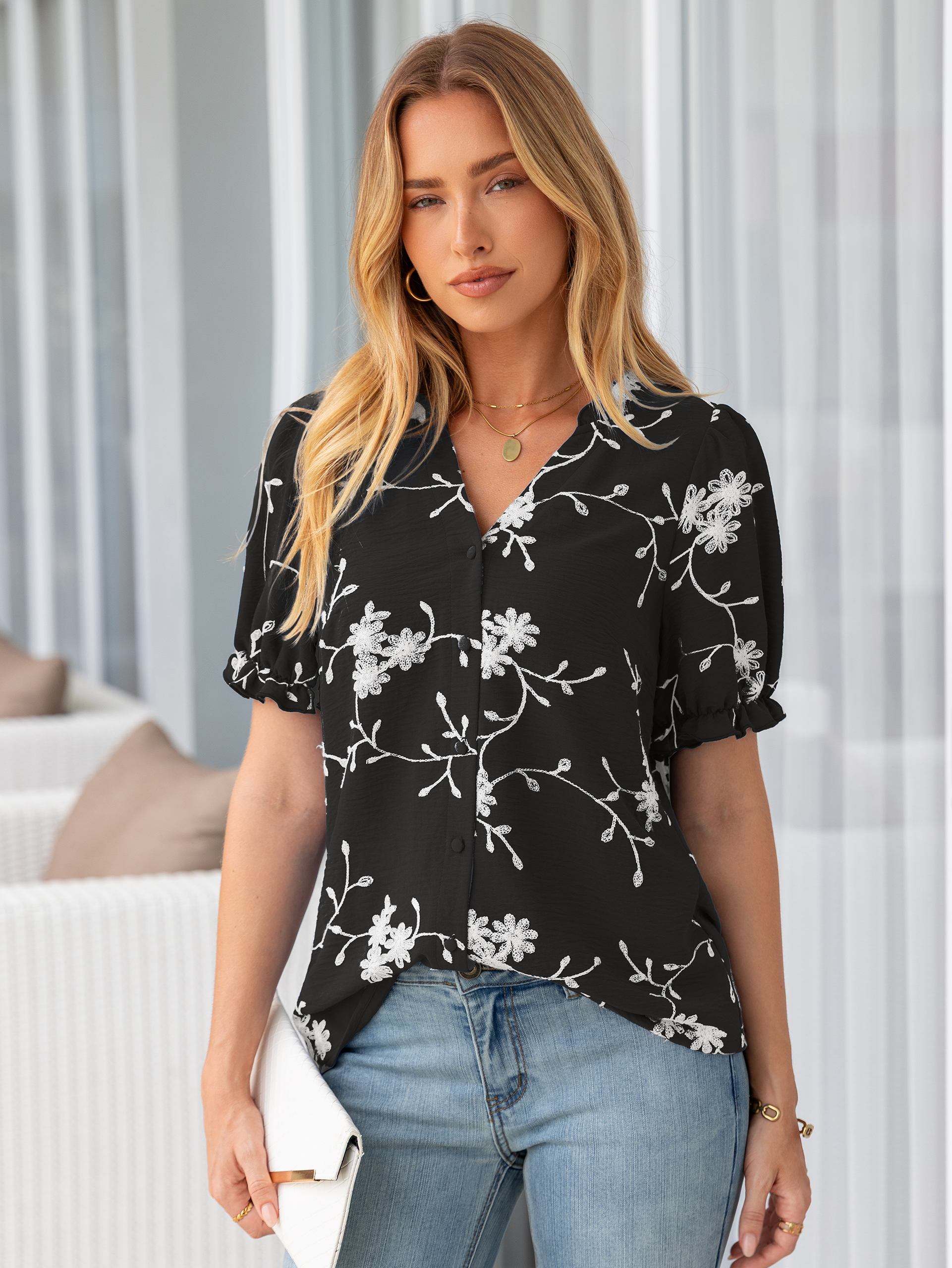 Floral Embroidered Ruffle V-Neck Puff Sleeve Top