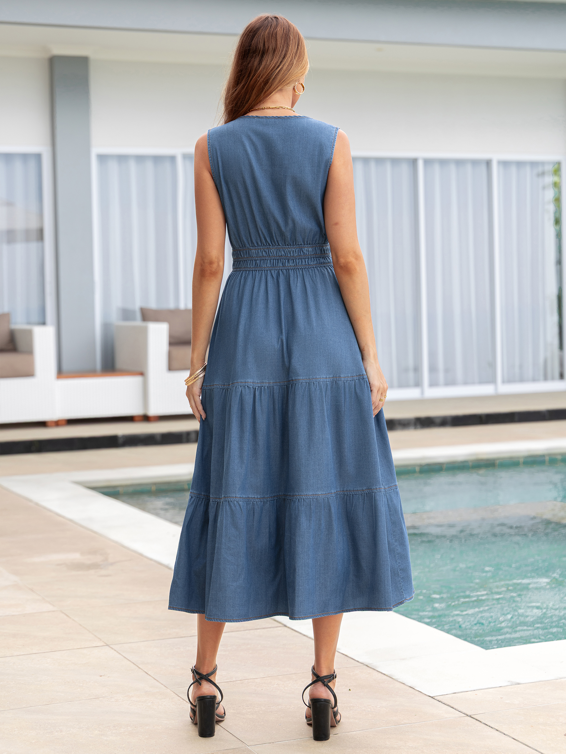 Sleeveless Denim Maxi Dress with Tiered Hem