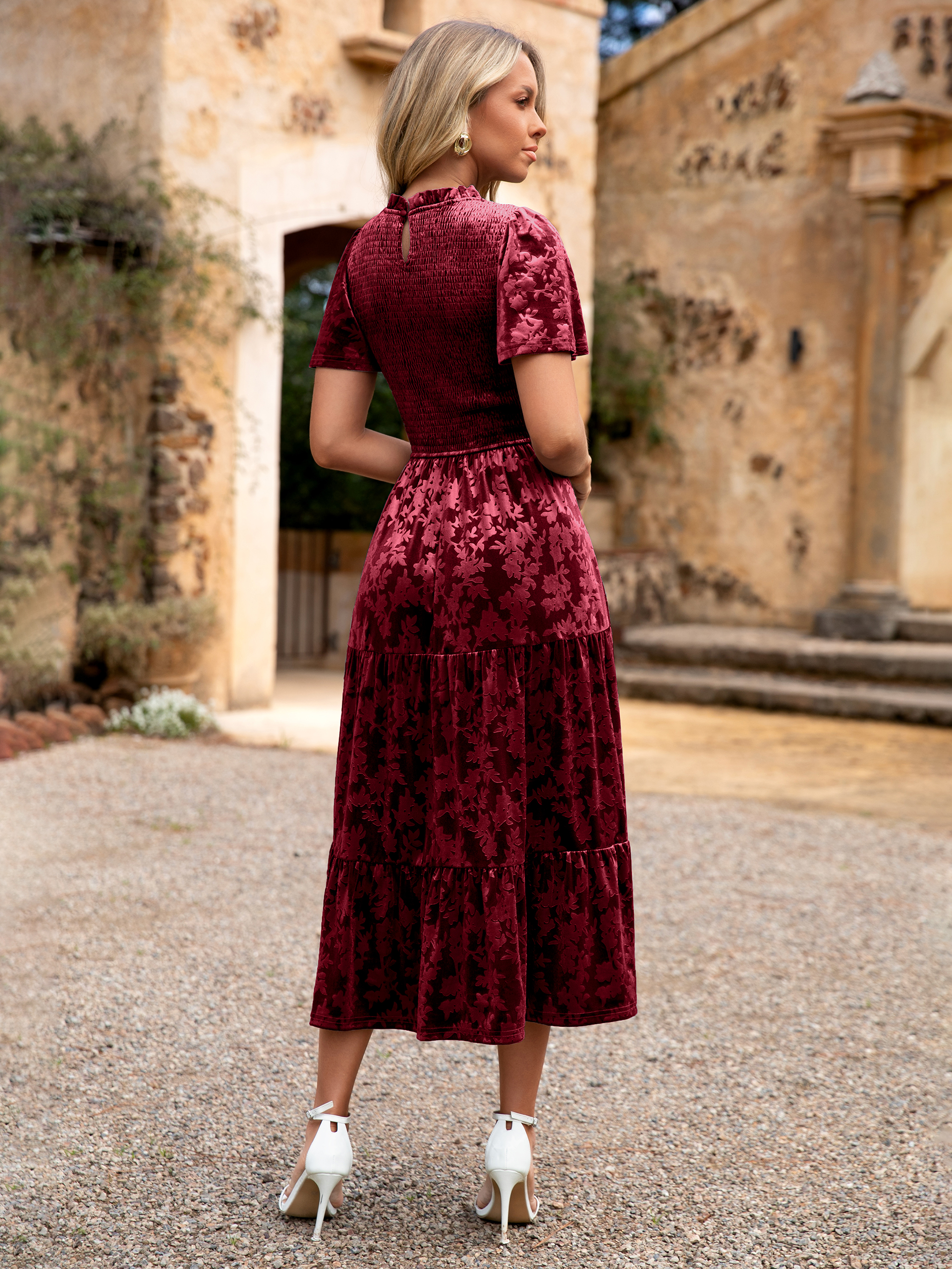 Ruffle Neck Smocked Velvet Floral Maxi Dress