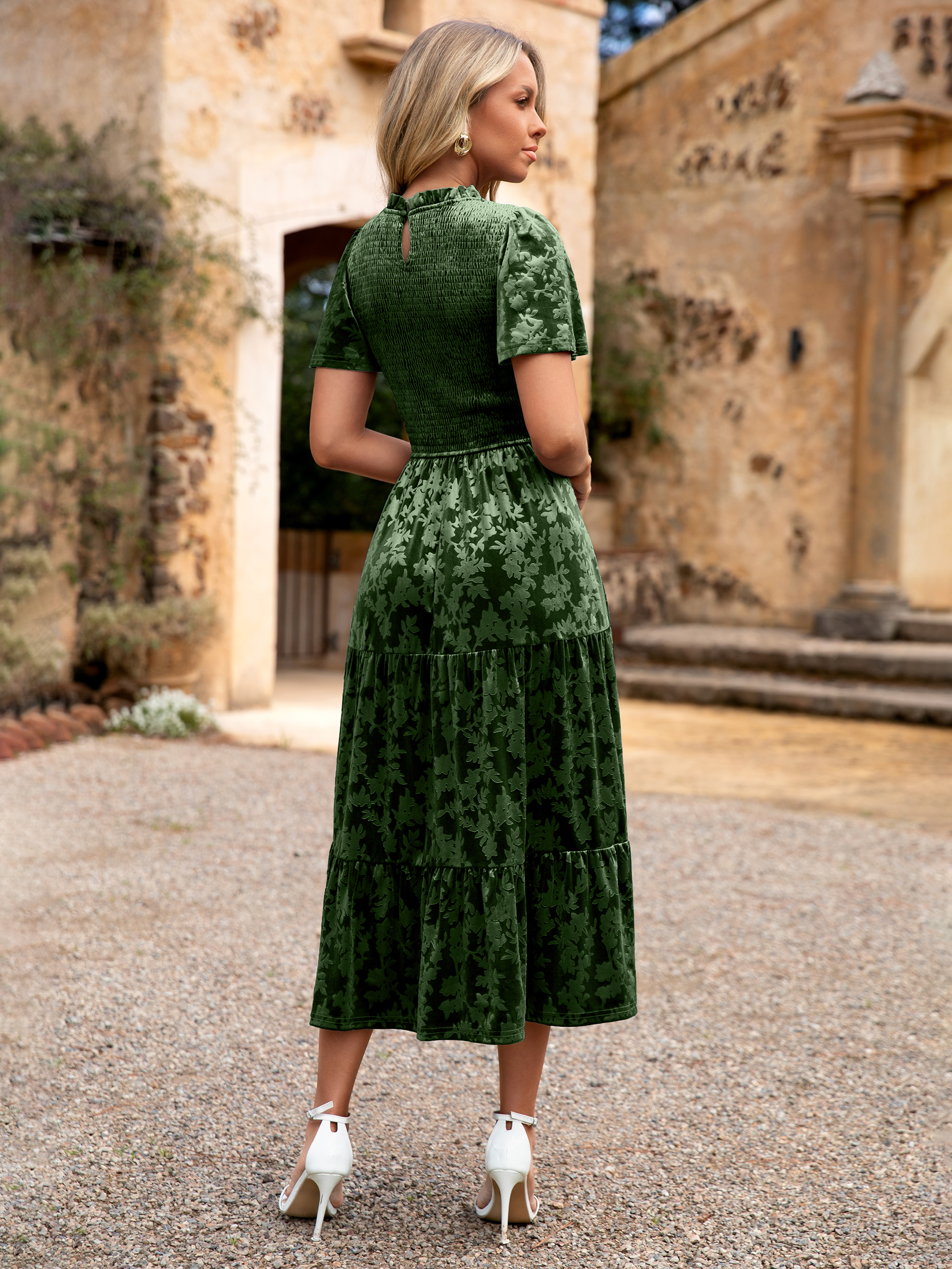 Ruffle Neck Smocked Velvet Floral Maxi Dress