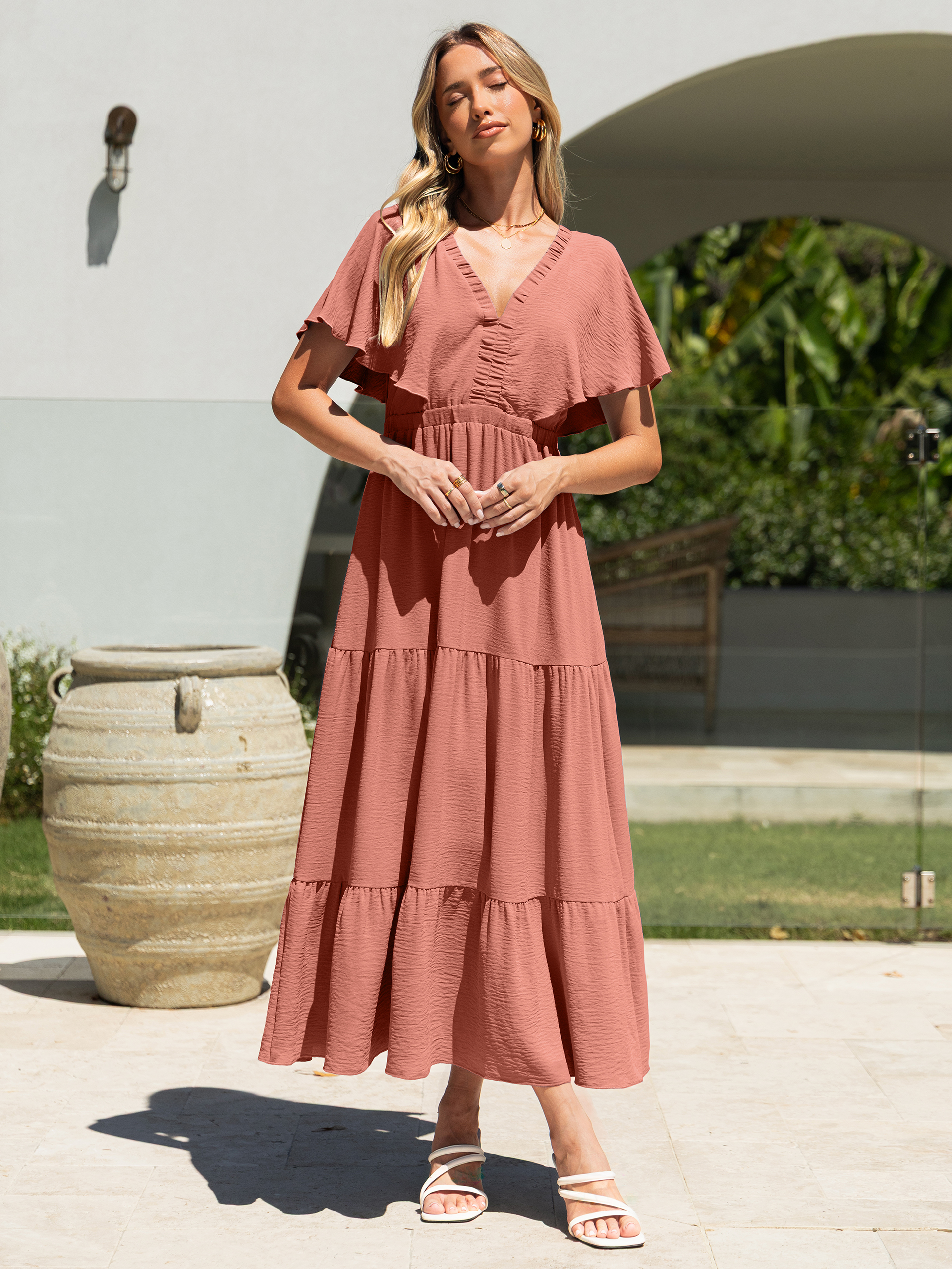 Solid Color Tiered V-Neck Ruffle Sleeve Maxi Dress
