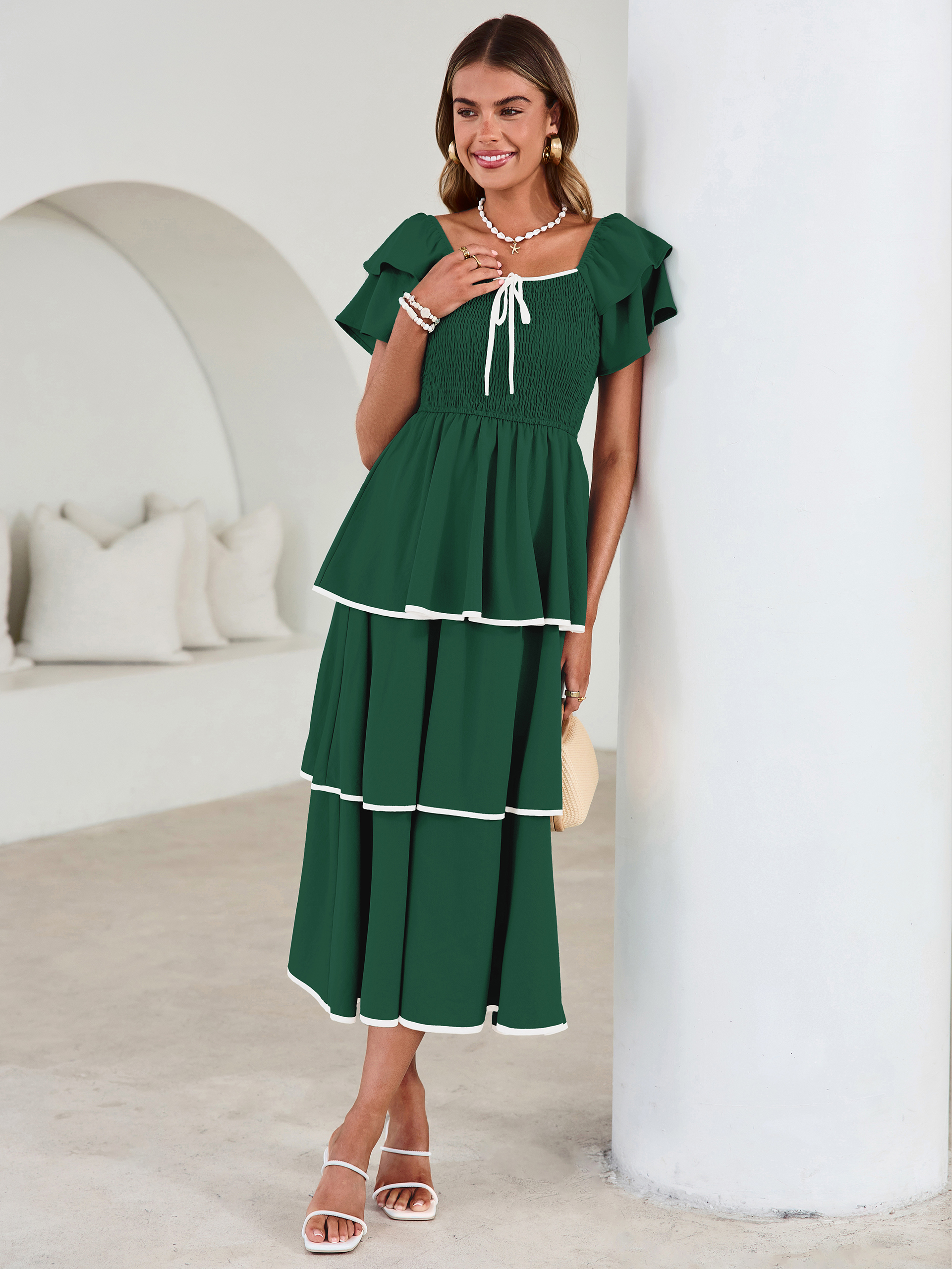 Ruched Off Shoulder Tiered Maxi Dress - Dark Green