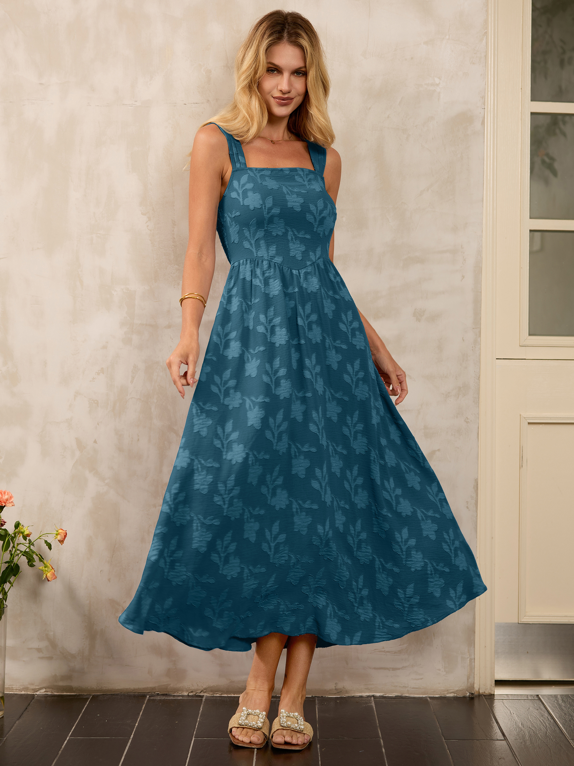 Square Neck Burnout Floral Tank Maxi Dress - Lake Blue