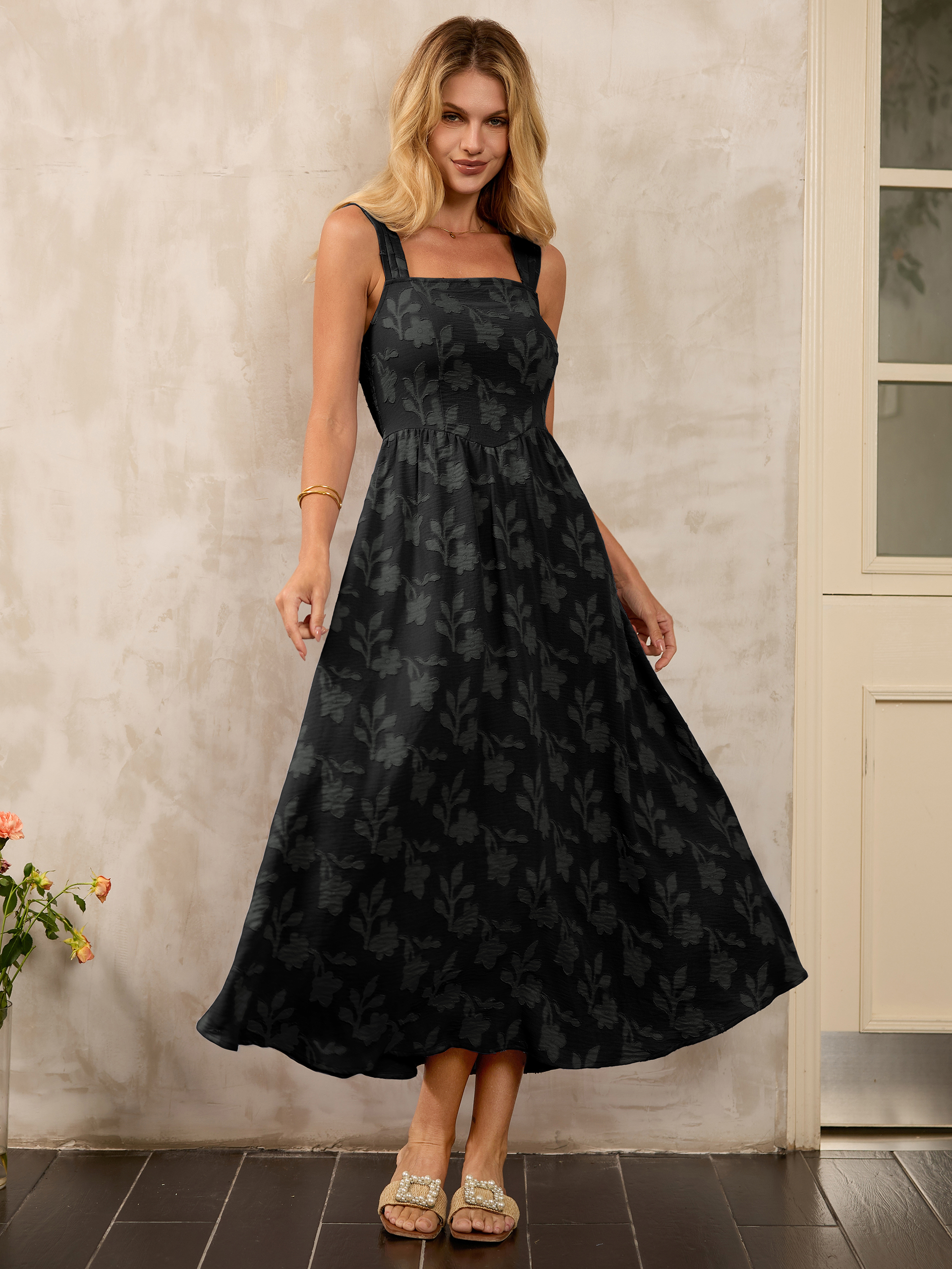 Square Neck Burnout Floral Tank Maxi Dress - Black