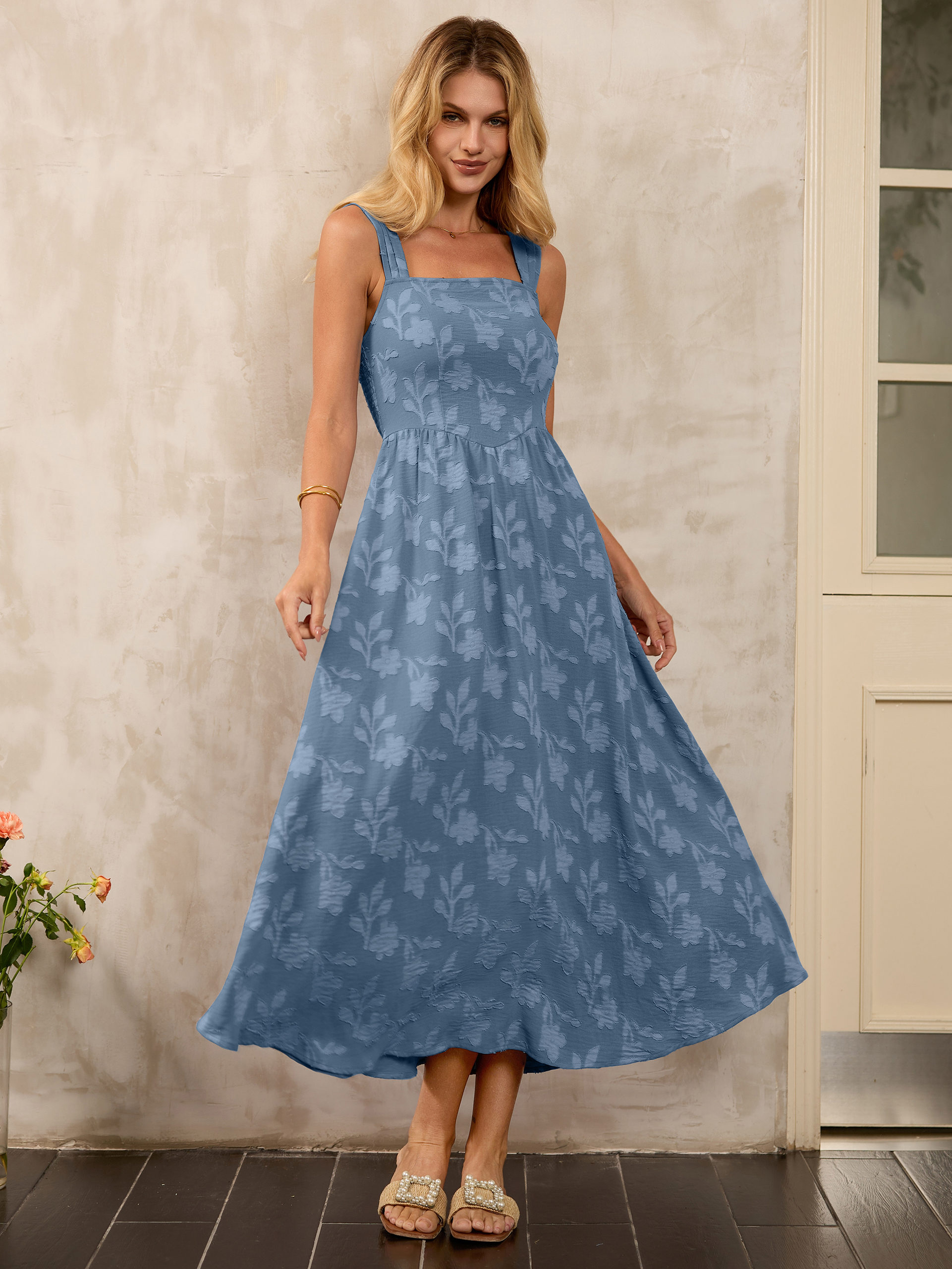 Square Neck Burnout Floral Tank Maxi Dress - Dusty Blue