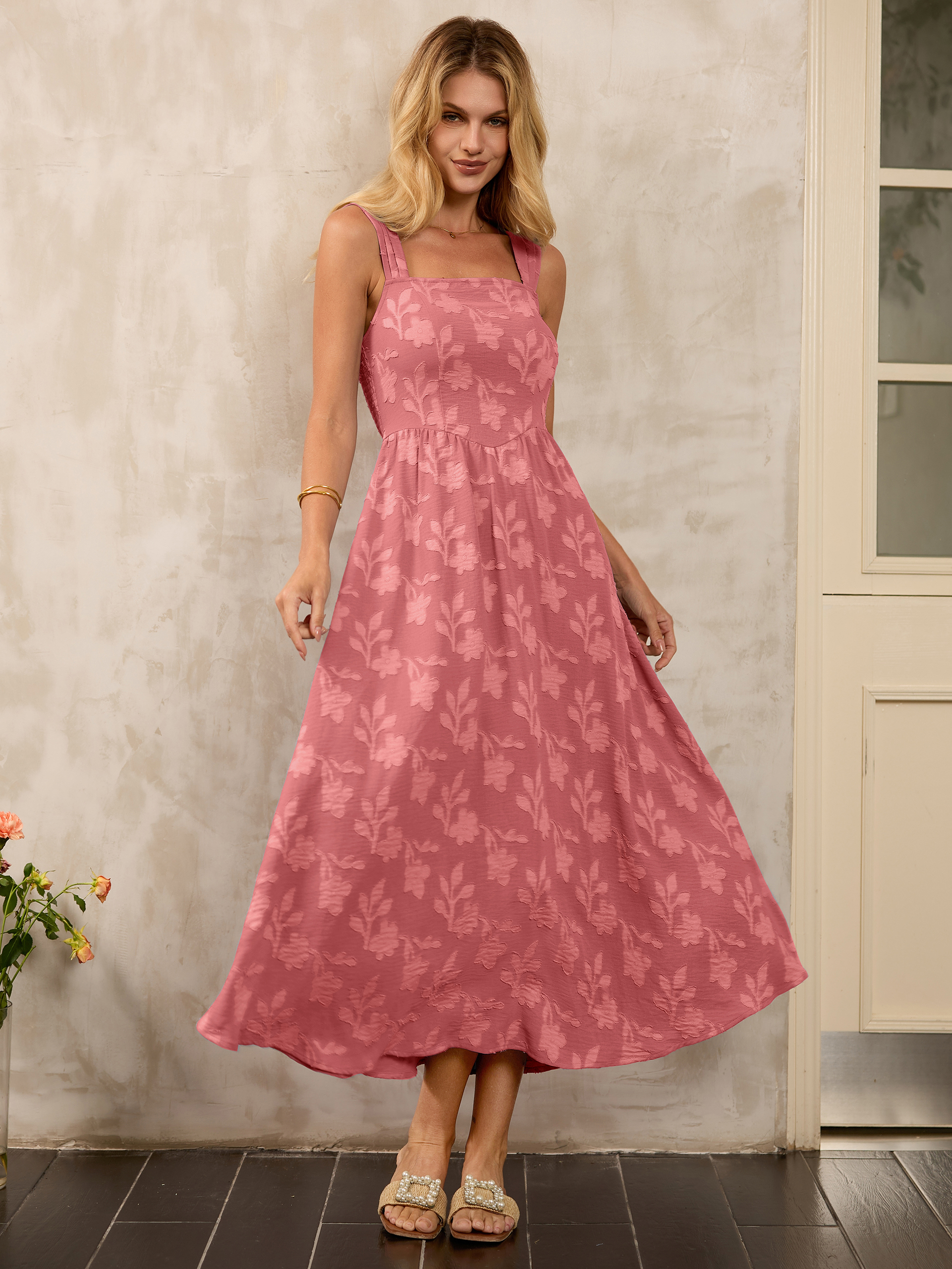 Square Neck Burnout Floral Tank Maxi Dress - Rust Red
