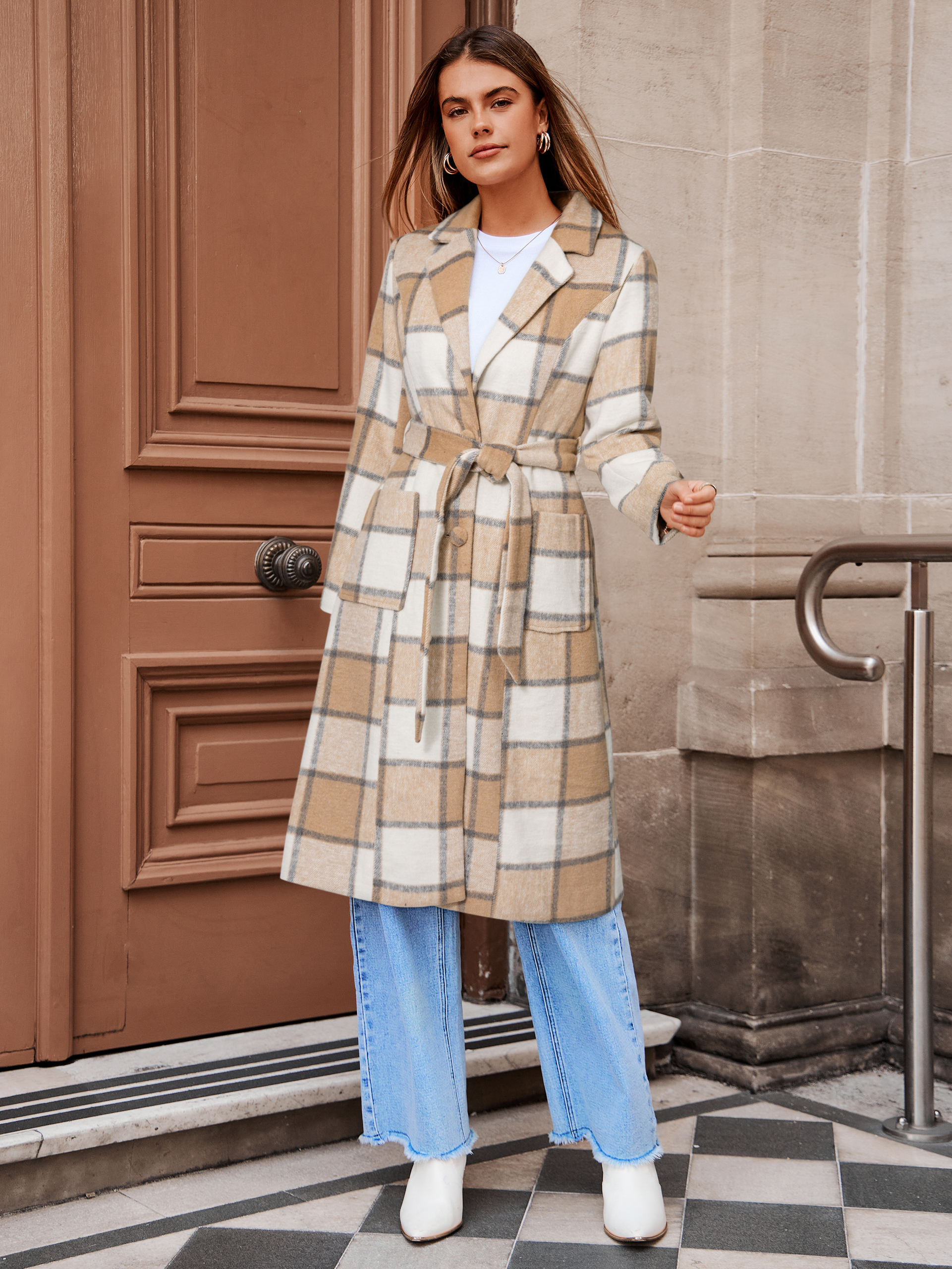 Plaid Belted Long Trench Coat with Lapel Collar - Khaki
