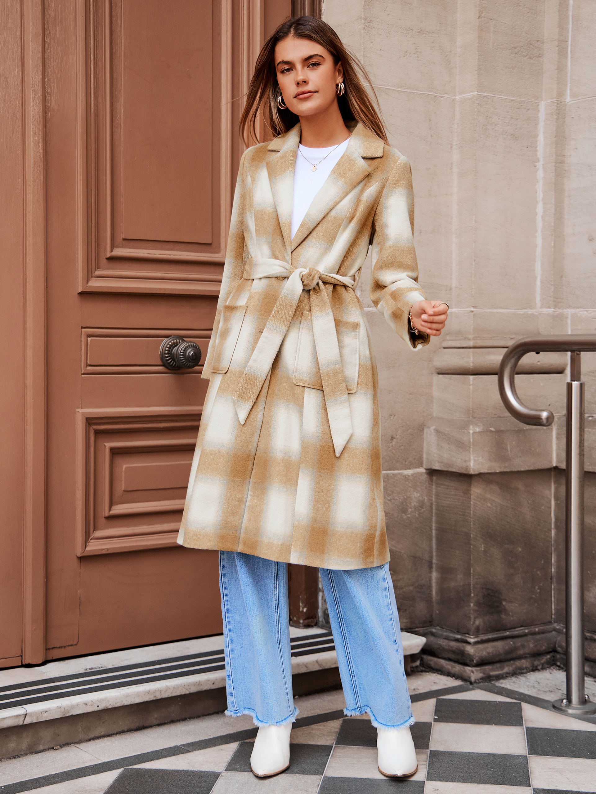 Plaid Belted Long Trench Coat with Lapel Collar - Camel