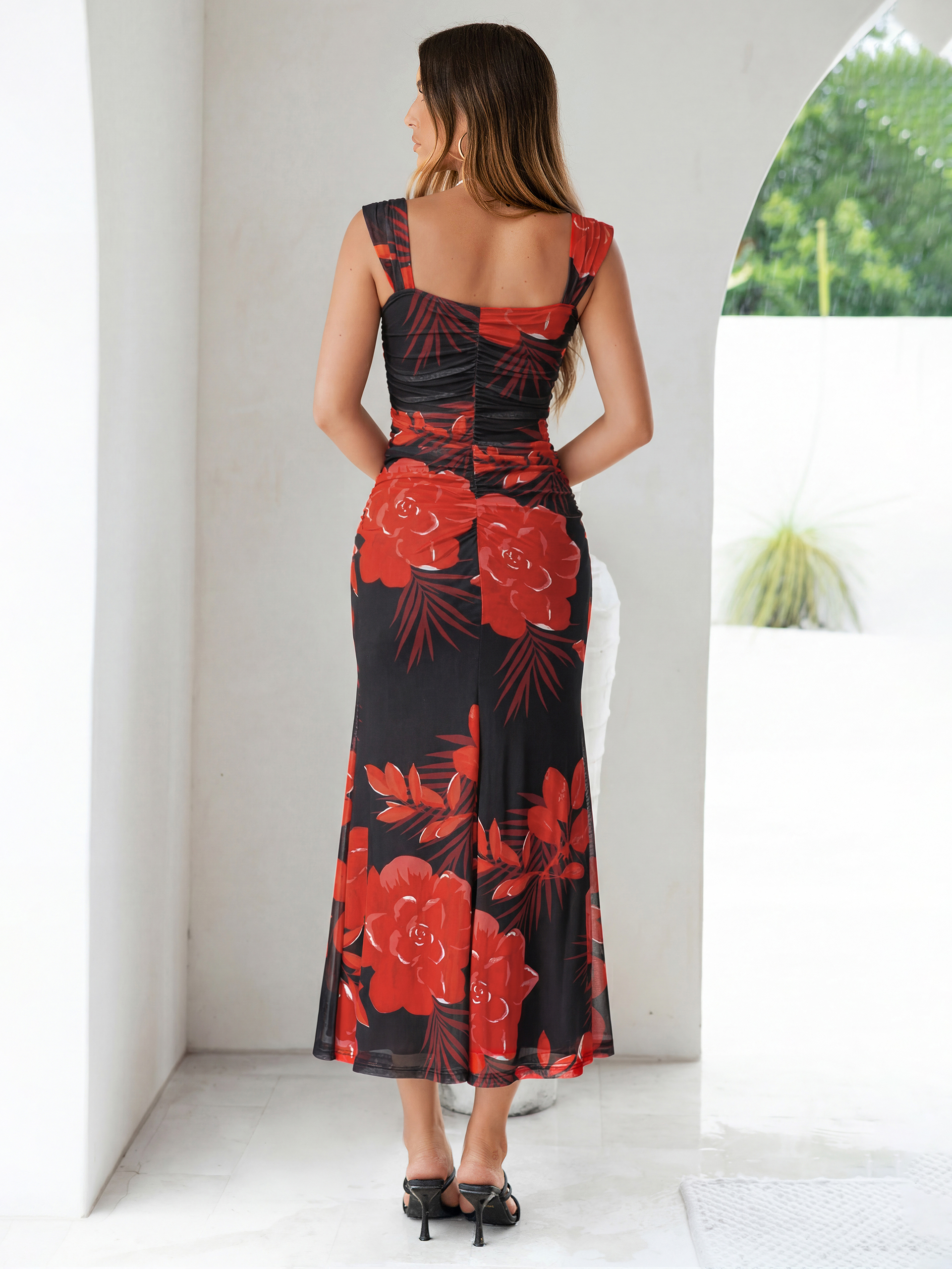 Floral Square Neck Ruched Mesh Bodycon Maxi Dress
