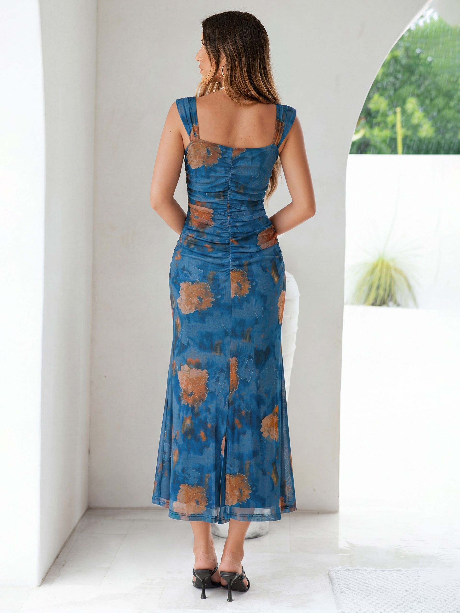 Floral Square Neck Ruched Mesh Bodycon Maxi Dress