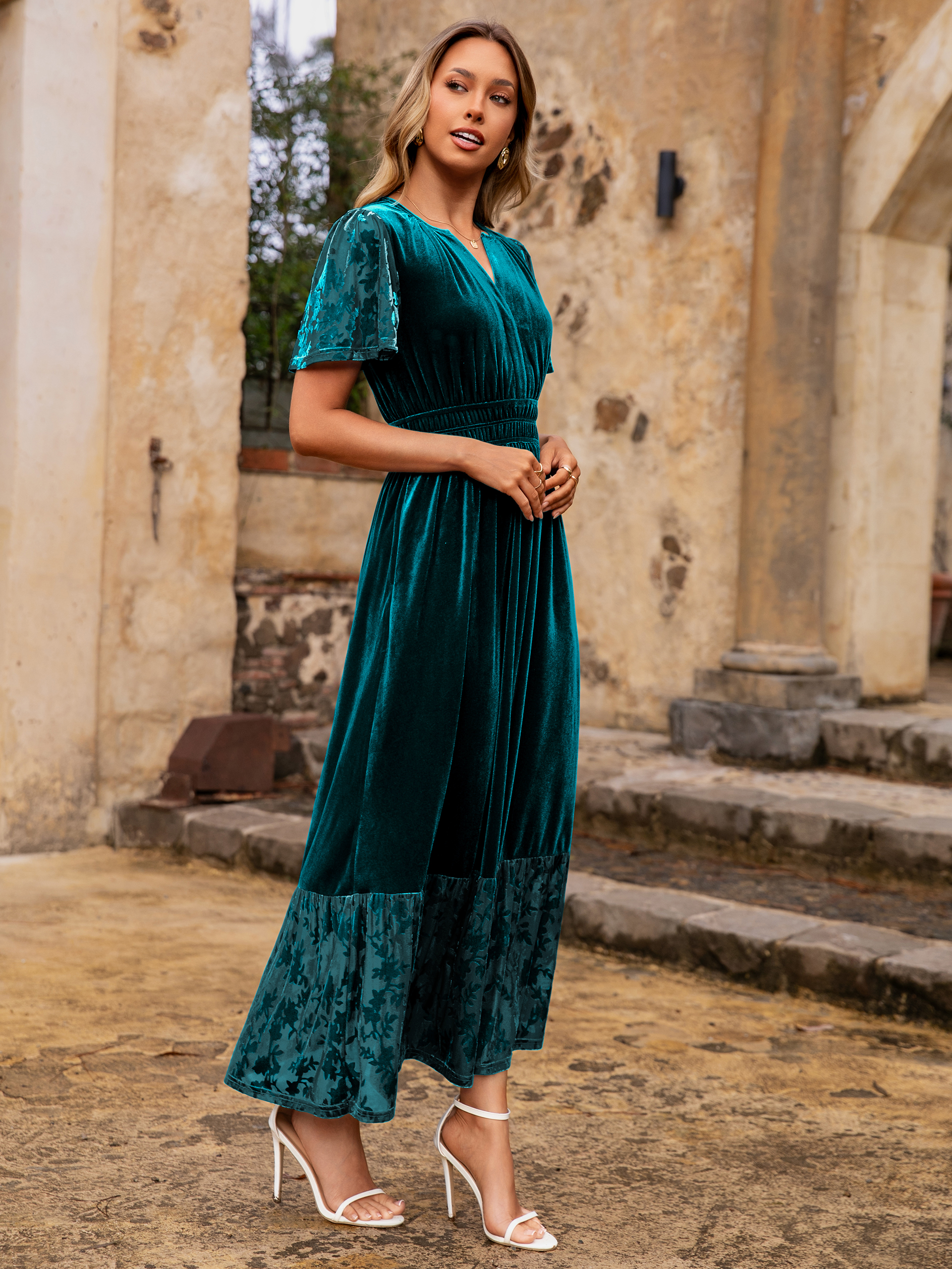 Velvet Floral Burnout V Neck Maxi Dress
