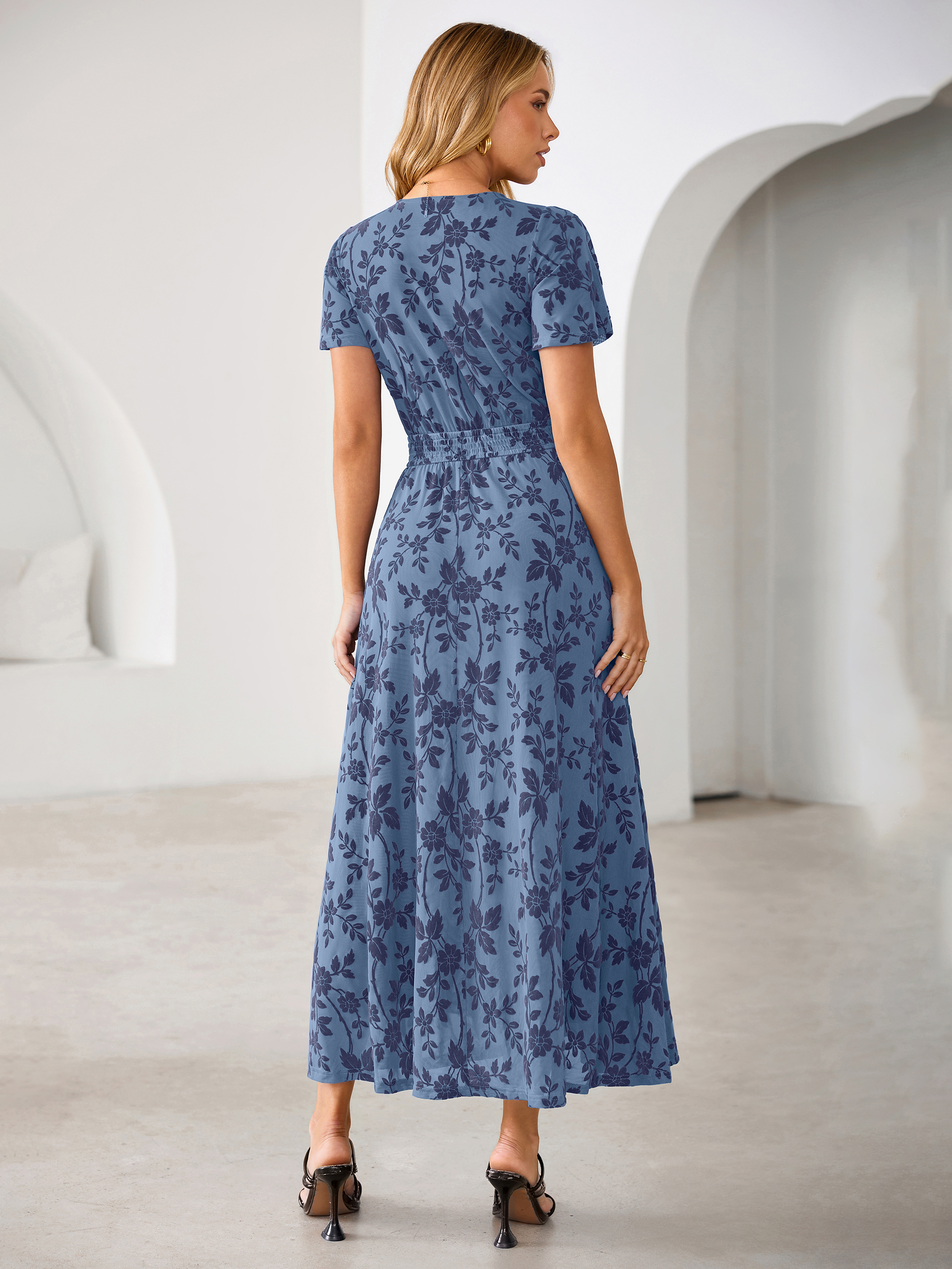 Flocked Floral V Neck Mesh Smocked Maxi Dress