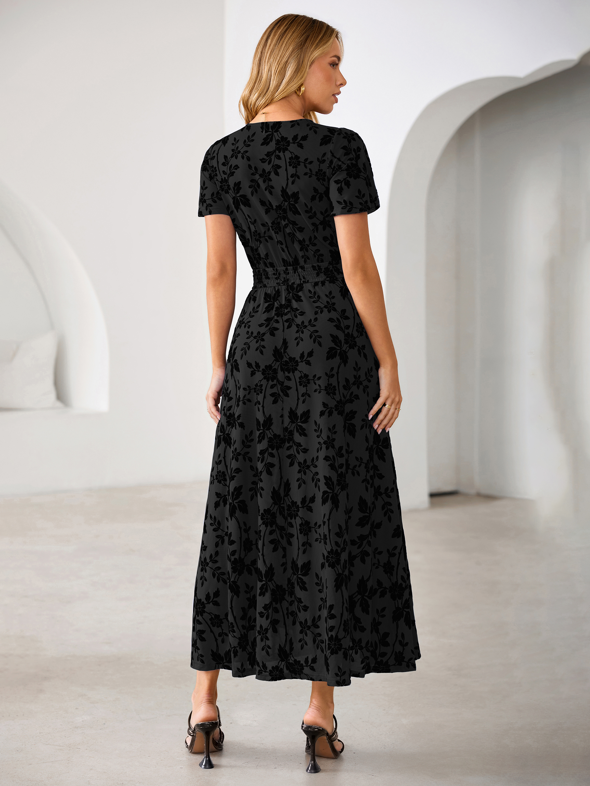 Flocked Floral V Neck Mesh Smocked Maxi Dress
