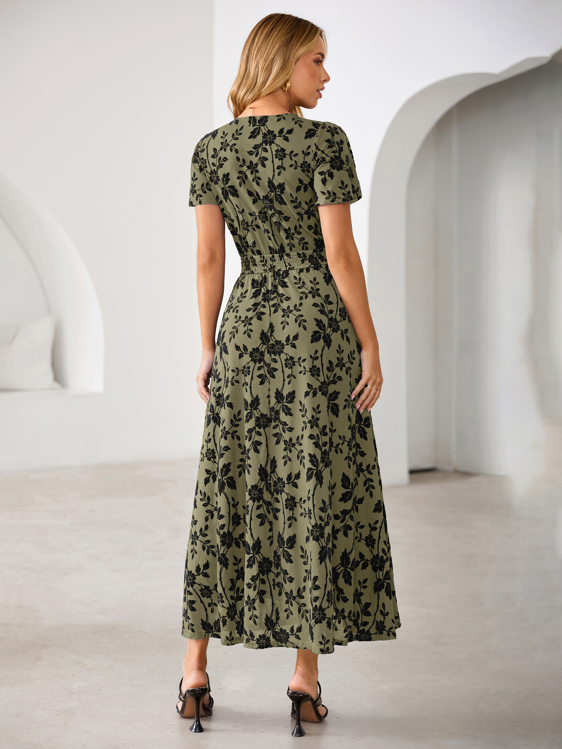 Flocked Floral V Neck Mesh Smocked Maxi Dress